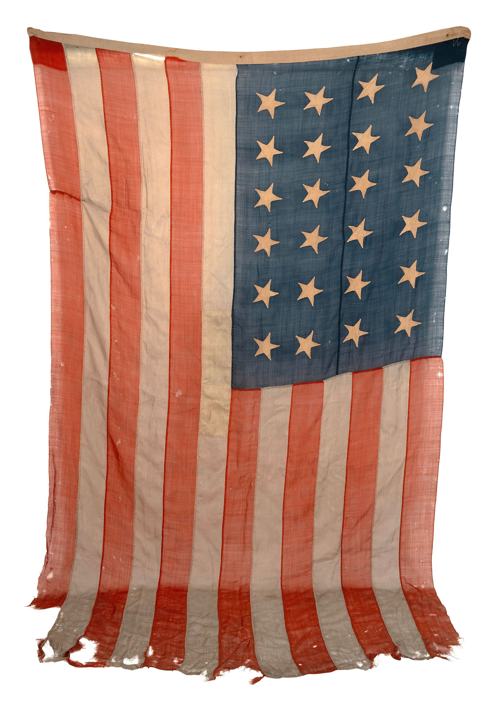 AMERICAN TWENTY-FOUR STAR FLAG OWNED BY CAPTAIN HENRY COFFIN First Half of the 19th Century Approx.: AMERICAN TWENTY-FOUR STAR FLAG OWNED BY CAPTAIN HENRY COFFINFirst Half of the 19th CenturyHand-stitched. Retains a letter with family history.Approx. 68" x 117". Provenance:A Historic Nantucket Collec