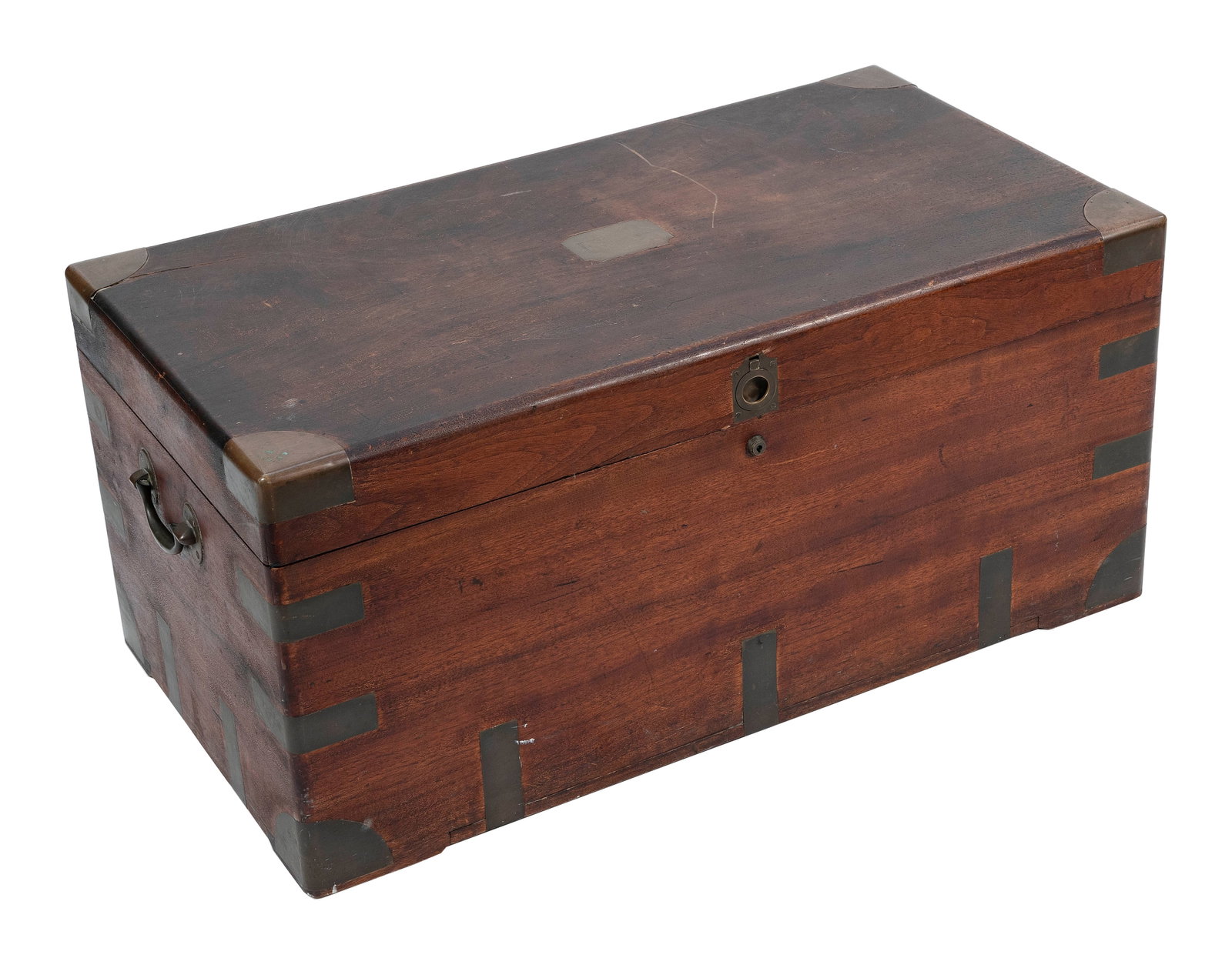 BRASS-BOUND CAMPHORWOOD CHEST Mid-19th Century Height 16.5". Width 35.5". Depth 19.25".: BRASS-BOUND CAMPHORWOOD CHEST Mid-19th Century Brass bail handles at sides. Height 16.5". Width 35.5". Depth 19.25". Provenance: A Historic Nantucket Collection, from a direct descendant of the Coffin