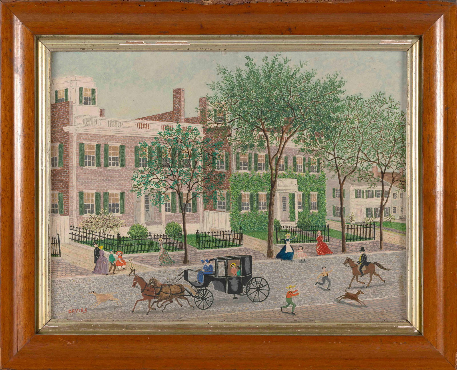 AMERICAN SCHOOL, Nantucket street scene in front of the three brick: AMERICAN SCHOOLNantucket street scene in front of the three brick Starbuck houses. Signed lower left "Davies", possibly Albert Webster Davies or Jeanne Davies.Oil on masonite, 18" x 24". Framed 24.25"