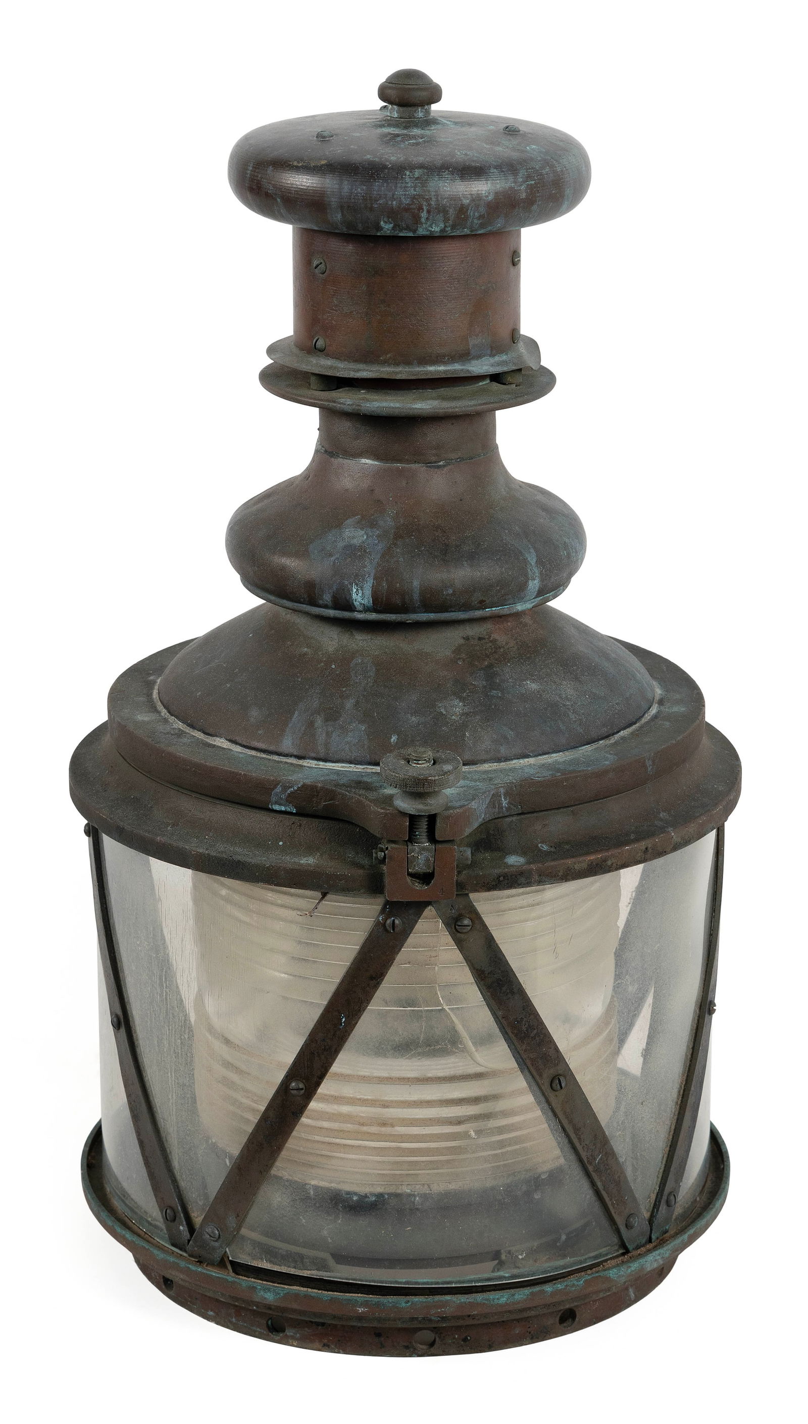 HEAVY BRASS SHIP'S LANTERN, PURPORTEDLY FROM A NANTUCKET LIGHTSHIP Late 19th/Early 20th Century: HEAVY BRASS SHIP'S LANTERN, PURPORTEDLY FROM A NANTUCKET LIGHTSHIPLate 19th/Early 20th CenturyWeight 70.5 pounds.Height 24". Diameter approx. 14".