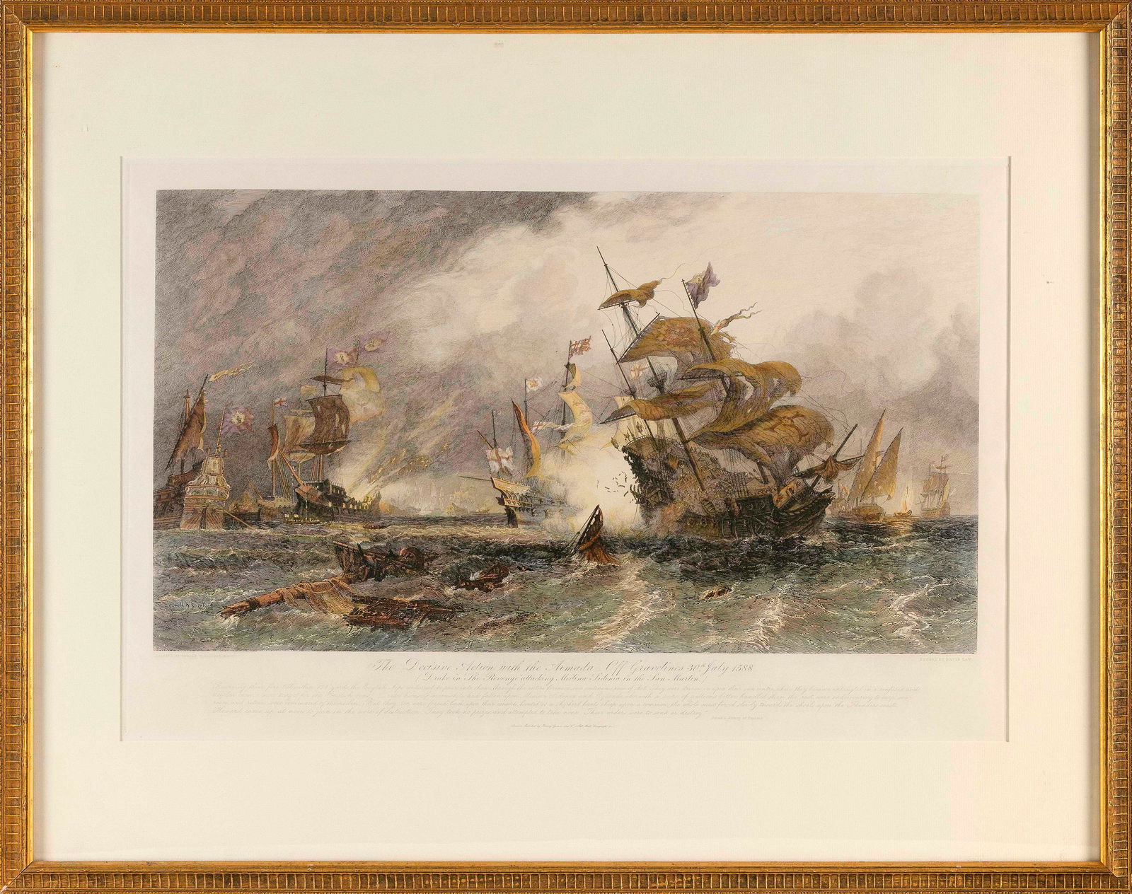 ENGLISH SCHOOL (19th Century,), "The Decisive Action with the Armada Off Gravelines 30th July: ENGLISH SCHOOL19th Century"The Decisive Action with the Armada Off Gravelines 30th July 1588". Etched by David Law (1831-1901) after Oswald Brierly (1817-1894). Depicts Captain Drake in the Revenge at