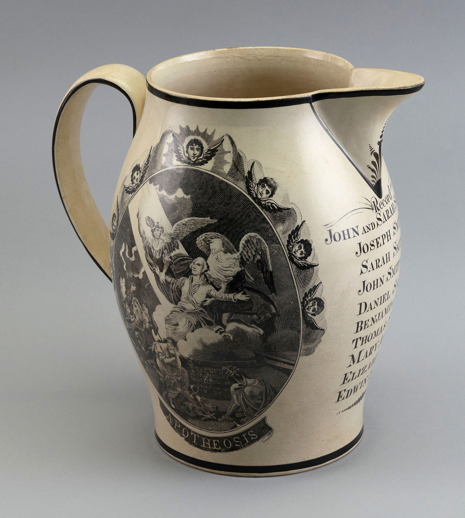 FINE LIVERPOOL PITCHER FEATURING GEORGE WASHINGTON England for the American Market, Circa 1800: FINE LIVERPOOL PITCHER FEATURING GEORGE WASHINGTONEngland for the American Market, Circa 1800One side depicts "Apotheosis", with Washington clad in classical robes "Ascending In To Glory". Other side