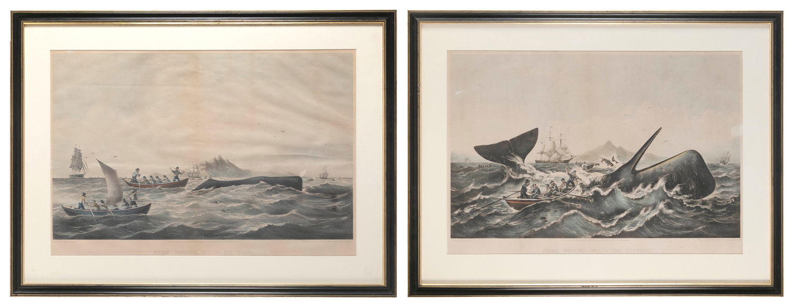 TWO RARE WHALING PRINTS Circa 1850 Framed 25.5" x 33.5".: TWO RARE WHALING PRINTSCirca 1850"Sperm Whaling No.1 - The Chase" and "Sperm Whaling No.2 - The Capture" by Charles Taber & Co., New Bedford. Both with some gouache highlighting.Framed 25.5" x 33.5".