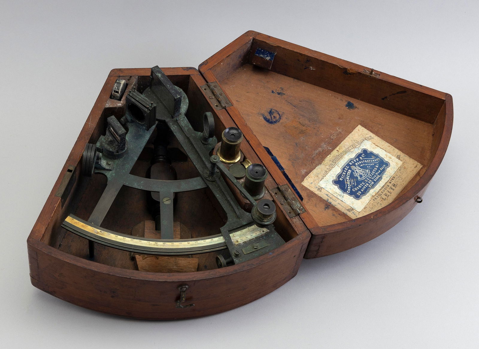 CASED SEXTANT 19th Century Case height 3.5". Width 11". Depth 11".: CASED SEXTANT19th CenturyFrom the estate of Captain William E. Frost of Maine. Made by Matsen & Co. and imported by Michael Rupp & Co., New York, with their labels inside the case.Case height 3.5". Wi