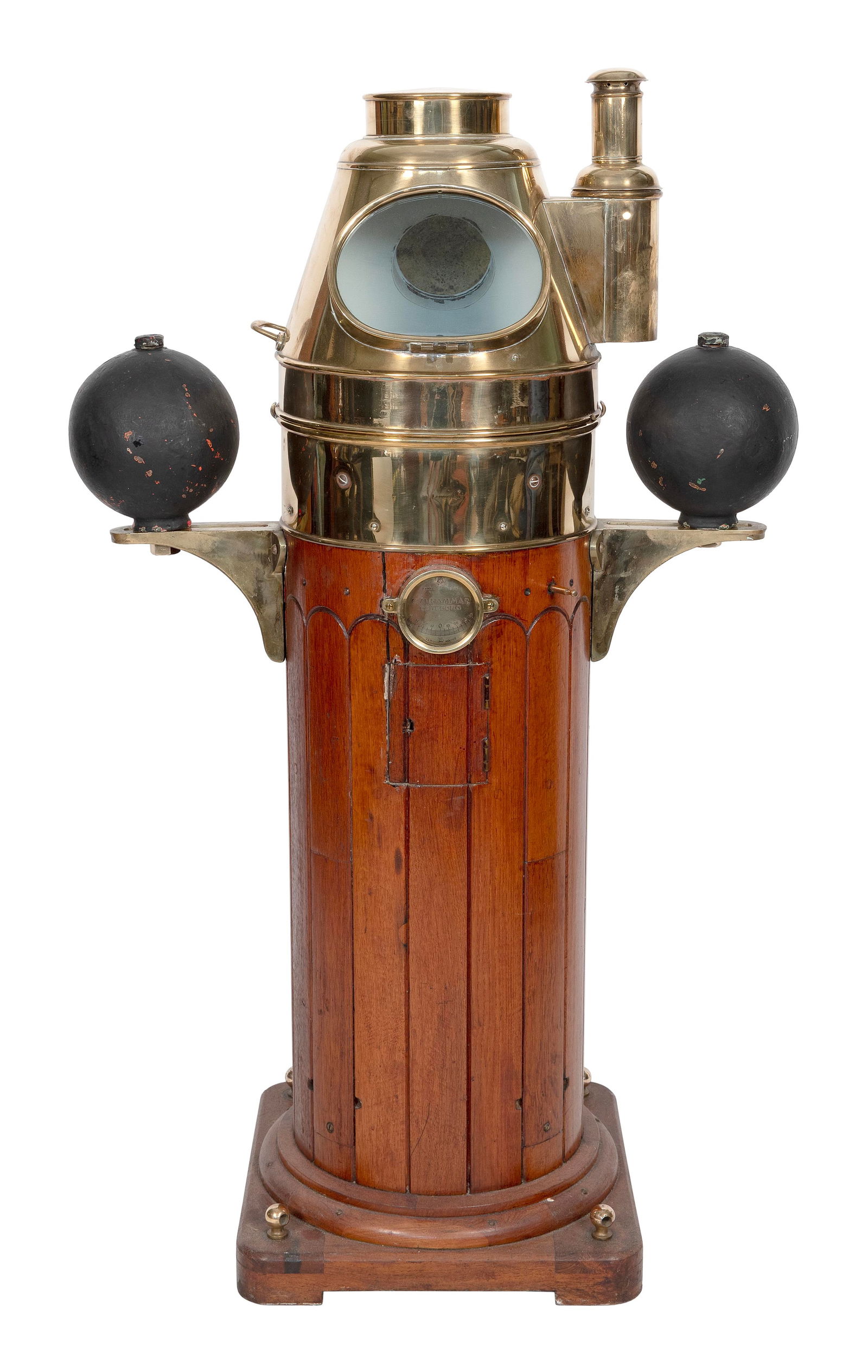 CONTINENTAL SHIP'S BINNACLE Late 19th/Early 20th Century Height 56.5". Width 32.5". Depth 24".: CONTINENTAL SHIP'S BINNACLELate 19th/Early 20th CenturyCompass by C.M. Hammar. Walnut case with compensating balls and chart tube.Height 56.5". Width 32.5". Depth 24".