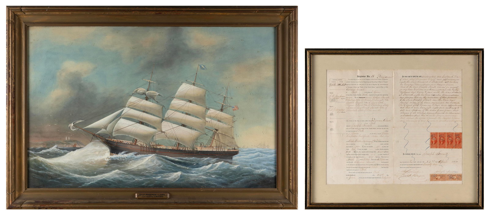 PORTRAIT OF THE SHIP "FREEMAN CLARK" AND ASSOCIATED DOCUMENT 19th/Early 20th Century: PORTRAIT OF THE SHIP "FREEMAN CLARK" AND ASSOCIATED DOCUMENT 19th/Early 20th Century Captained by Frederic S. Bosworth. Unsigned gouache on artist board painting, the ship identified on the frame plaq