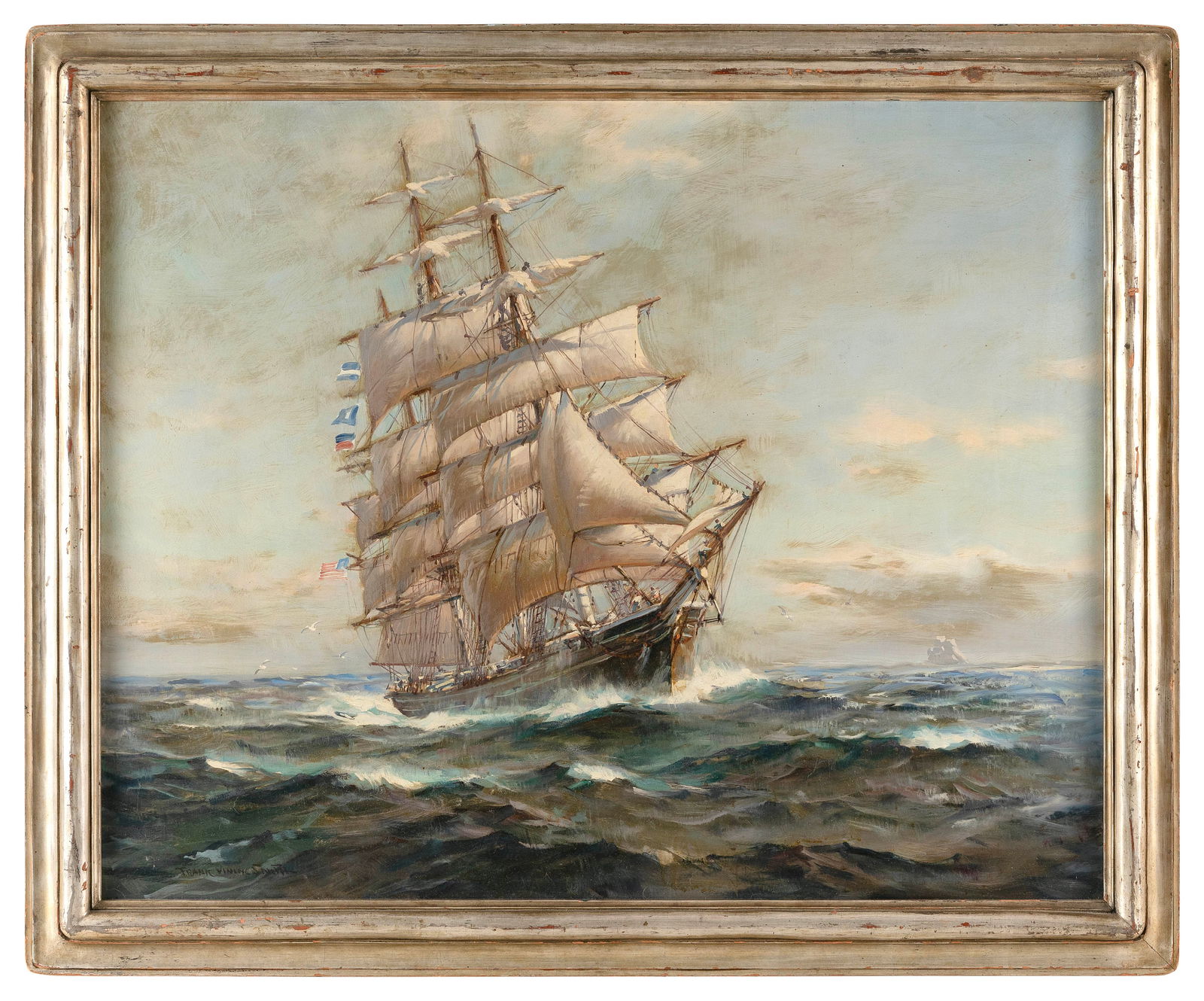 FRANK VINING SMITH (Massachusetts, 1879-1967), "Ship Panay Freshening Breeze"., Oil on masonite, 24": FRANK VINING SMITHMassachusetts, 1879-1967"Ship Panay Freshening Breeze". Signed lower left "Frank Vining Smith". Titled verso. Housed in a Newcomb-Macklin frame. Includes an author-signed copy of Fra