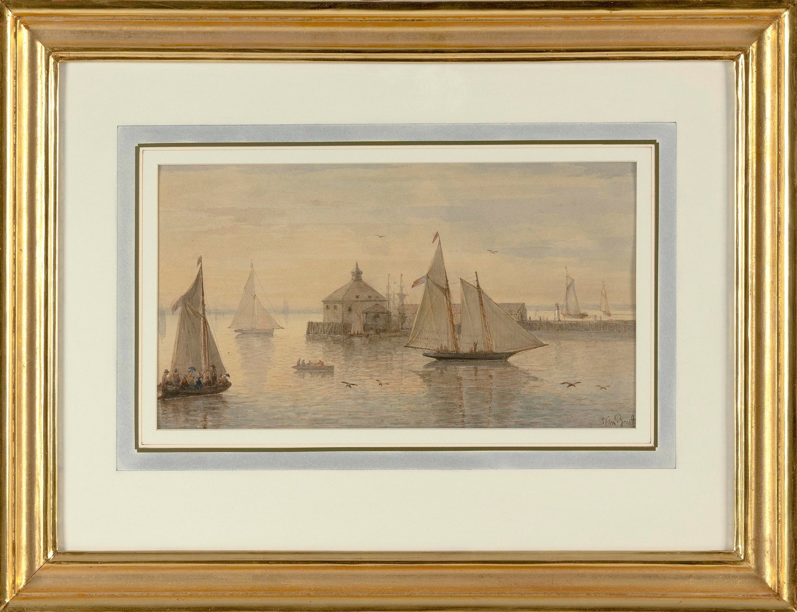 ALBERT VAN BEEST (Massachusetts/New York/Holland, 1820-1860), View of a pier., Watercolor, 7.75" x: ALBERT VAN BEEST Massachusetts/New York/Holland, 1820-1860 View of a pier. Signed lower right "A. Van Beest". Watercolor, 7.75" x 13.75" sight. Framed 17.5" x 23".