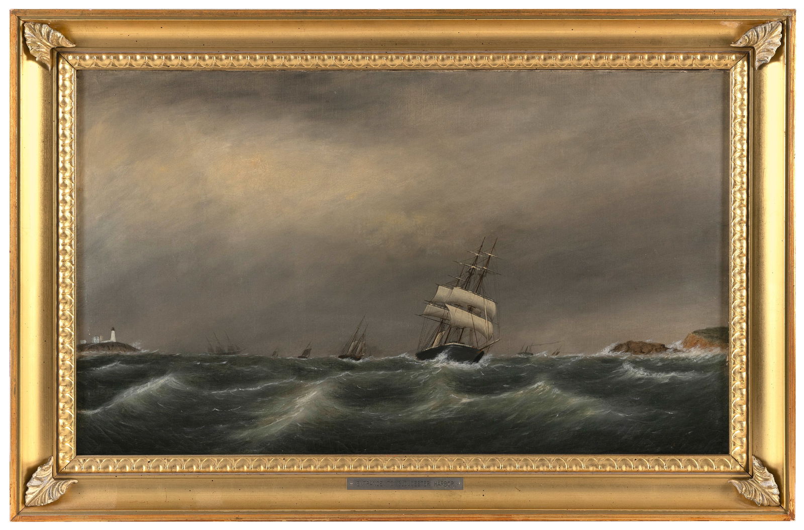 CLEMENT DREW (Massachusetts, 1806-1889), "Entrance to Gloucester Harbor"., Oil on canvas, 18" x 30".: CLEMENT DREWMassachusetts, 1806-1889"Entrance to Gloucester Harbor". Signed, titled and dated verso "Entrance to Gloucester Harbor Gale Coming on [...] Eastern Point Lighthouse by C. Drew 1884".Oil on
