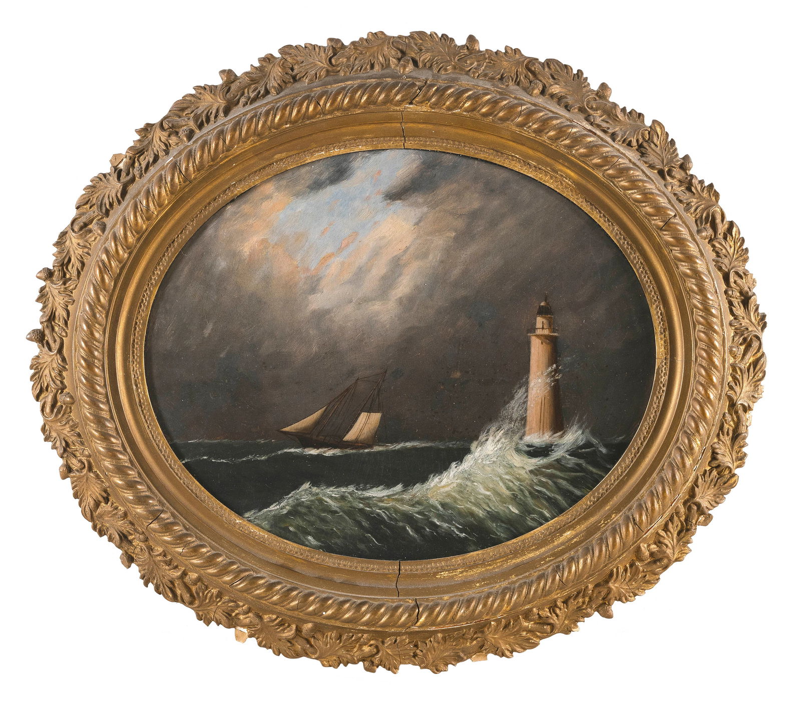 ATTRIBUTED TO CLEMENT DREW (Massachusetts, 1806-1889), Minots Light in a gale., Oil on board, oval: ATTRIBUTED TO CLEMENT DREWMassachusetts, 1806-1889Minots Light in a gale. Unsigned.Oil on board, oval 13" x 17". Framed 20" x 24".