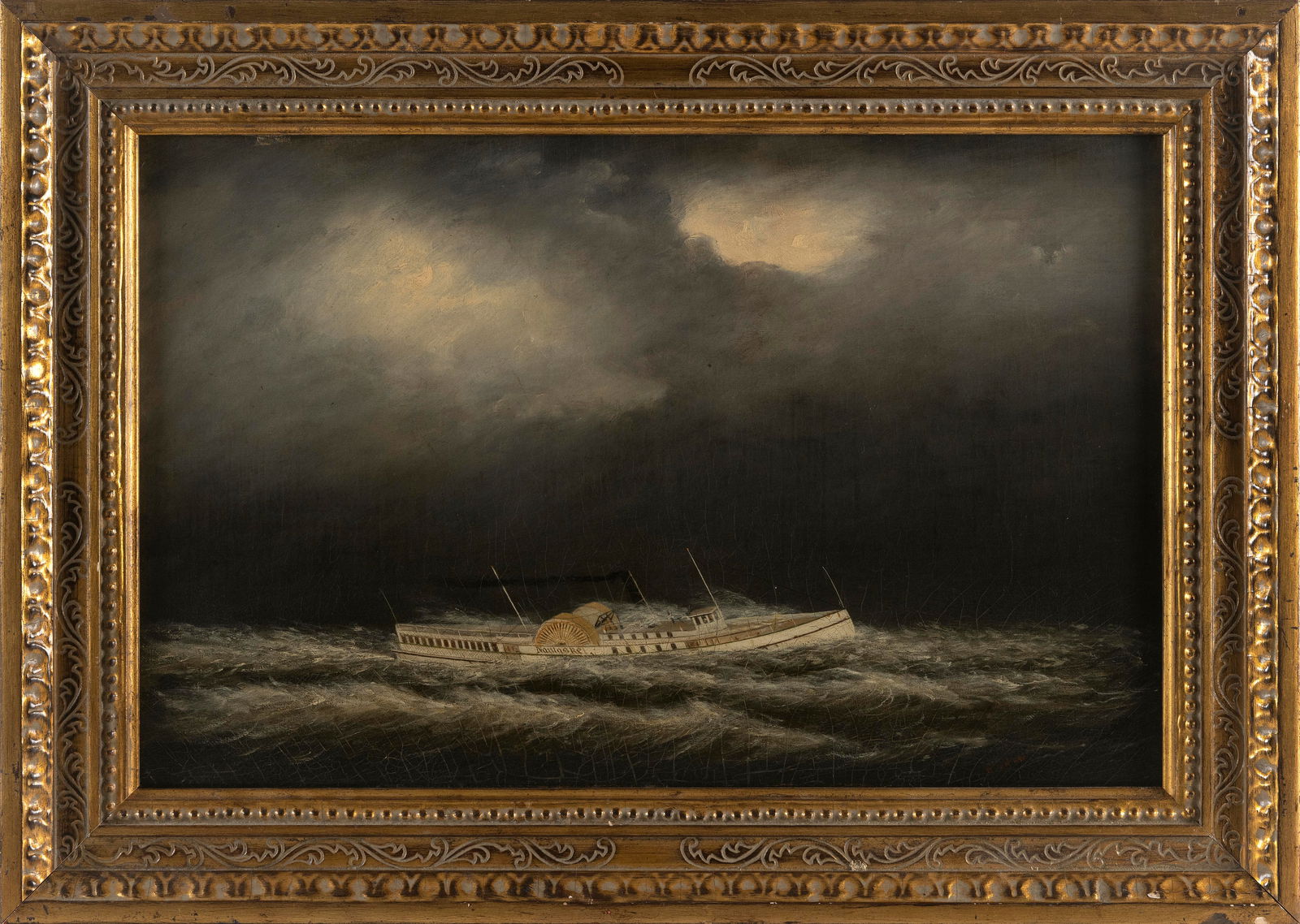 CLEMENT DREW (Massachusetts, 1806-1889), Steamship Nantasket in the tornado, June 16, 1879., Oil on: CLEMENT DREWMassachusetts, 1806-1889Steamship Nantasket in the tornado, June 16, 1879. Signed lower right "C. Drew". Titled verso.Oil on canvas, 14" x 22". Framed 19" x 28".