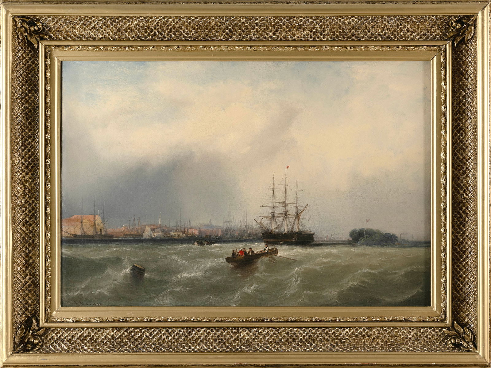 EDWARD MORAN (Pennsylvania/New York, 1829-1901), "View of Philadelphia - The Arrival"., Oil on: EDWARD MORANPennsylvania/New York, 1829-1901"View of Philadelphia - The Arrival". Signed lower left.Oil on canvas, 20.5" x 30". Framed. Provenance:Private collection, Sag Harbor, New York.Shannon's
