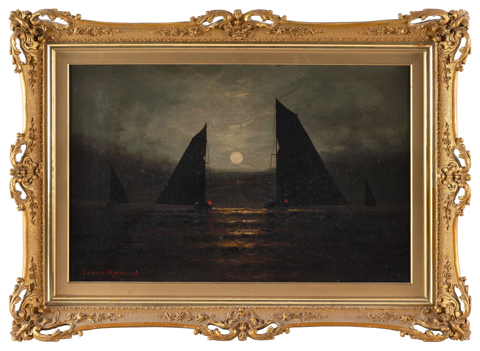 ATTRIBUTED TO CHARLES DORIAN (America, 19th Century), Nighttime seascape., Oil on canvas, 18" x 30".: ATTRIBUTED TO CHARLES DORIANAmerica, 19th CenturyNighttime seascape. Later and falsely applied signature for Edward Moran lower left.Oil on canvas, 18" x 30". Framed 26" x 35.5".