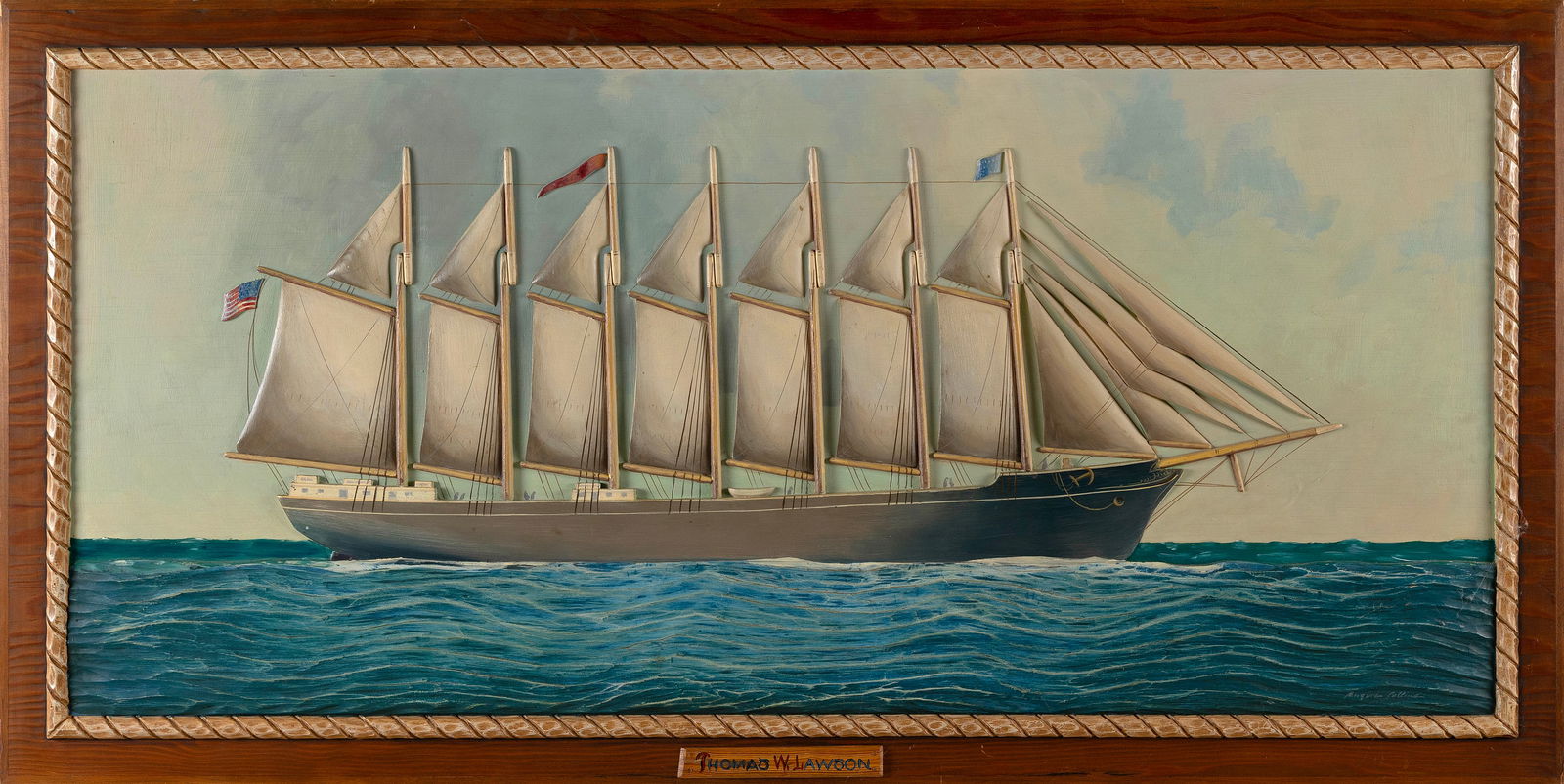 CARVED AND PAINTED PORTRAIT OF THE SEVEN-MASTED SHIP "THOMAS W. LAWSON" 20th Century Framed 24.75" x: CARVED AND PAINTED PORTRAIT OF THE SEVEN-MASTED SHIP "THOMAS W. LAWSON"20th CenturyMade by Robert Collins of Yarmouth, Maine.Framed 24.75" x 48.75".