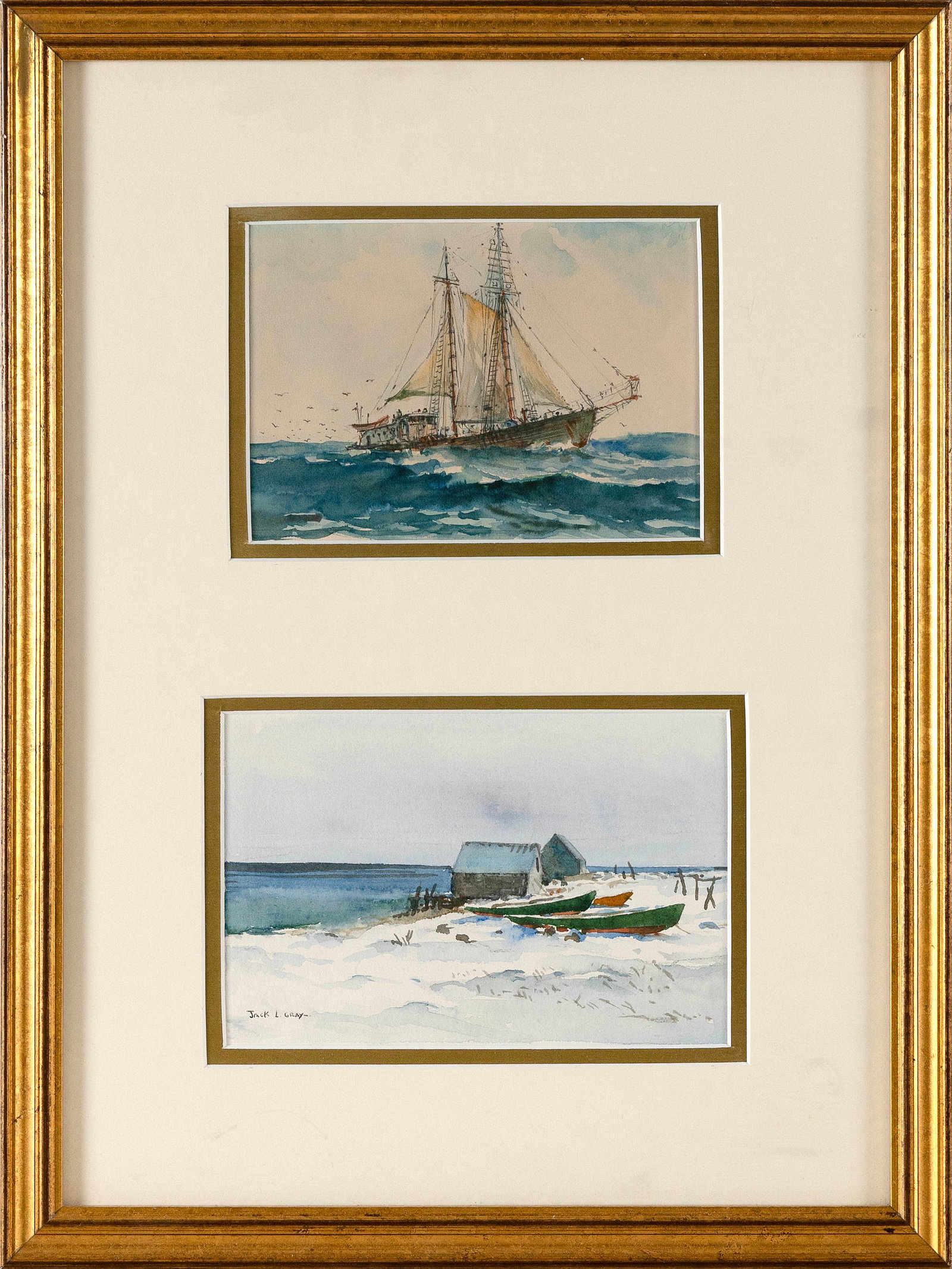 JACK LORIMER GRAY (New York/Canada, 1927-1981), Two works: A fishing trawler and a beach scene.,: JACK LORIMER GRAY New York/Canada, 1927-1981 Two works: A fishing trawler and a beach scene. Beach scene signed lower left "Jack L. Gray". The other unsigned. Housed together in a common frame. Waterc