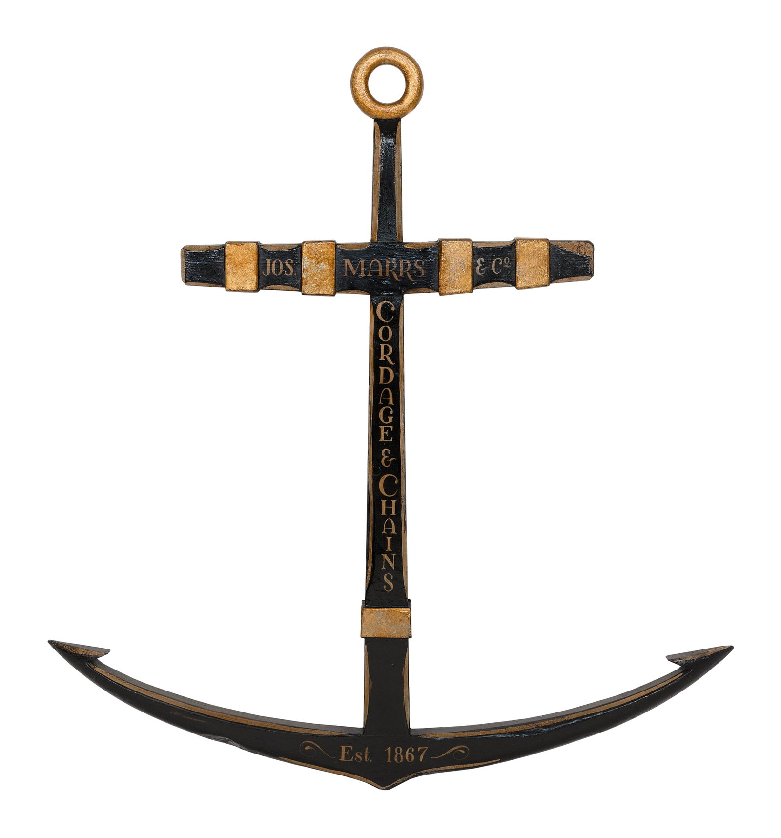 CARVED ANCHOR ADVERTISING SIGN 20th Century Height 52". Width 52". Depth 2.5".: CARVED ANCHOR ADVERTISING SIGN 20th Century Pine anchor painted black with gilt highlights and lettering "Jos. Marrs & Co. Cordage & Chains Est. 1867". Height 52". Width 52". Depth 2.5".