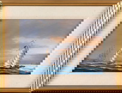 TIMOTHY THOMPSON (England, 1951-), "Going for the Anchorage of Sherman's Point"., Oil on canvas, 8": TIMOTHY THOMPSONEngland, 1951-"Going for the Anchorage of Sherman's Point". Signed lower left "Tim Thompson". Titled verso.Oil on canvas, 8" x 12". Framed 13" x 17".