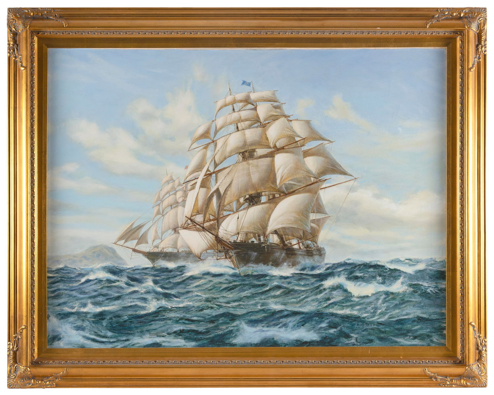 ANTHONY D. (A.D.) BLAKE (New Zealand, 1951-), "The Flying Fish and John Gilpin Meet off Cape Horn: ANTHONY D. (A.D.) BLAKENew Zealand, 1951-"The Flying Fish and John Gilpin Meet off Cape Horn Dec. 1852". Signed lower right "A.D. Blake". Titled verso.Oil on canvas, 30" x 40". Framed 37" x 47".
