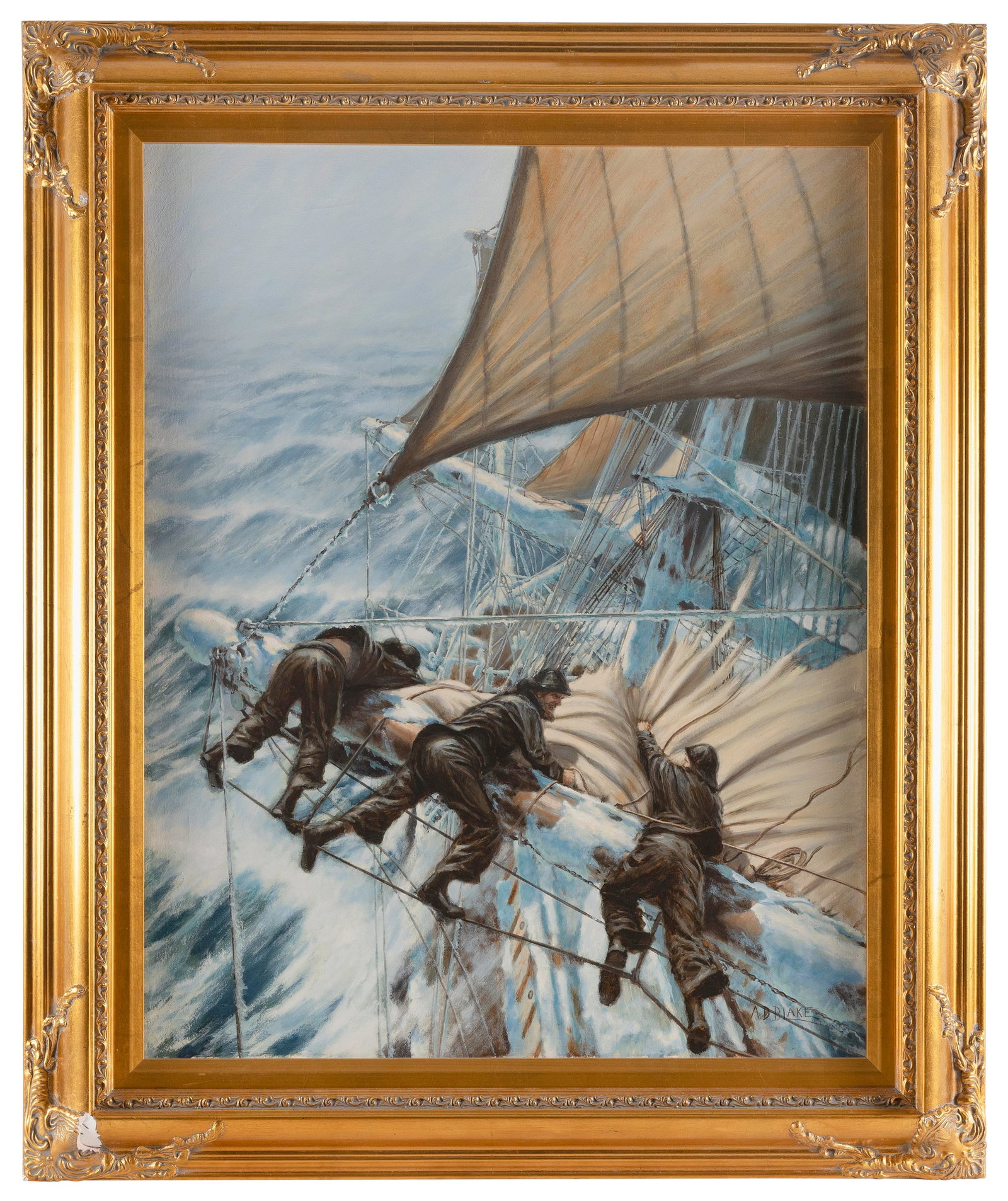 ANTHONY D. (A.D.) BLAKE (New Zealand, 1951-), Furling sails in a storm., Oil on canvas, 30" x 24".: ANTHONY D. (A.D.) BLAKE New Zealand, 1951- Furling sails in a storm. Signed lower right "A.D. Blake". Oil on canvas, 30" x 24". Framed 37.5" x 31.5".