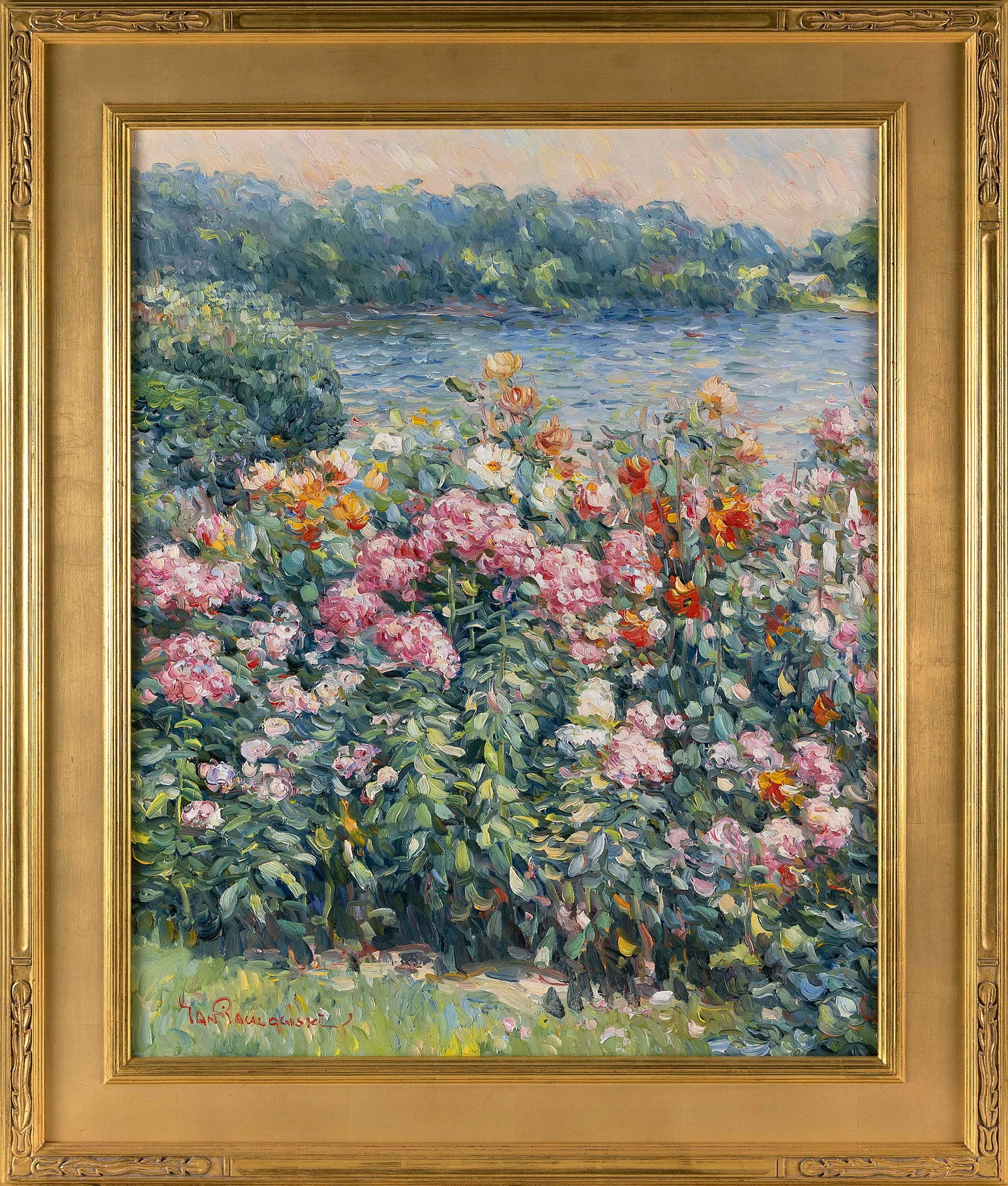 JAN PAWLOWSKI (Massachusetts/Poland, 1949-), Flower garden by the sea., Oil on canvas, 30" x 24".: JAN PAWLOWSKI Massachusetts/Poland, 1949- Flower garden by the sea. Signed lower left "J. Pawlowski". Oil on canvas, 30" x 24". Framed 39" x 32".