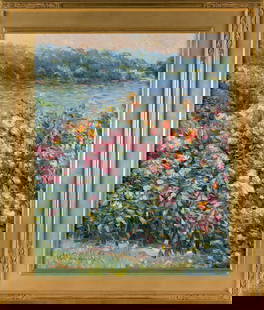 JAN PAWLOWSKI (Massachusetts/Poland, 1949-), Flower garden by the sea., Oil on canvas, 30" x 24".: JAN PAWLOWSKIMassachusetts/Poland, 1949-Flower garden by the sea. Signed lower left "J. Pawlowski".Oil on canvas, 30" x 24". Framed 39" x 32".