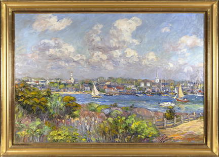 JAN PAWLOWSKI (Massachusetts/Poland, 1949-), Nantucket Harbor., Oil on canvas, 36" x 52". Framed 42": JAN PAWLOWSKIMassachusetts/Poland, 1949-Nantucket Harbor. Signed lower right "Jan Pawlowski". Label verso for Christina Gallery, Martha's Vineyard, Massachusetts.Oil on canvas, 36" x 52". Framed 42" x