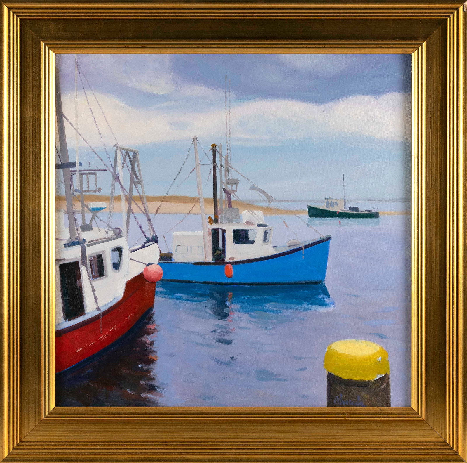 HERB EDWARDS (Massachusetts, 1940-), "Fishing Boats" (Chatham, Massachusetts)., Oil on canvas, 24" x: HERB EDWARDS Massachusetts, 1940- "Fishing Boats" (Chatham, Massachusetts). Signed and titled on stretcher. Oil on canvas, 24" x 24". Framed 30" x 32".
