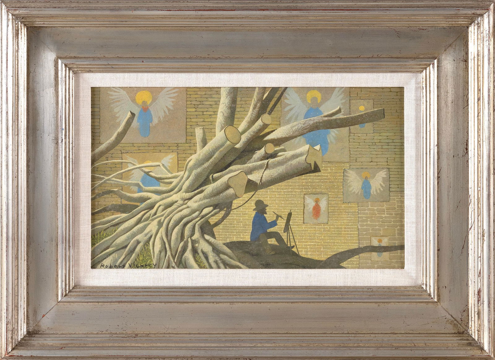 ROBERT REMSEN VICKREY (Massachusetts/Florida/New York, 1926-2011), "Monet and Fallen Banyan"., Egg: ROBERT REMSEN VICKREYMassachusetts/Florida/New York, 1926-2011"Monet and Fallen Banyan". Signed lower left "Robert Vickrey". Titled on label verso for Tree's Place Gallery, Orleans, Massachusetts.Egg