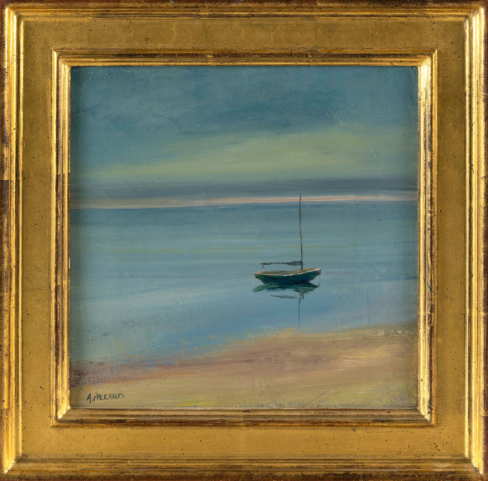 ANNE PACKARD (New Jersey/Massachusetts, 1933-), Moored sailboat., Oil on board, 10" x 12". Framed: ANNE PACKARDNew Jersey/Massachusetts, 1933-Moored sailboat. Signed lower left "A. Packard". Housed in a Guido frame.Oil on board, 10" x 12". Framed 14" x 14".