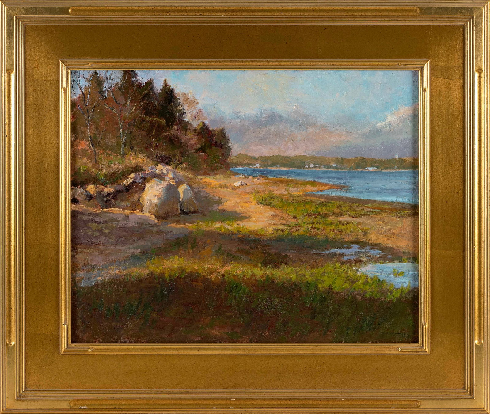ROSALIE STAMBLER NADEAU (Massachusetts, Contemporary), "Asa's Landing, May"., Oil on canvas board,: ROSALIE STAMBLER NADEAU Massachusetts, Contemporary "Asa's Landing, May". Signed lower left "Nadeau". Titled verso. Oil on canvas board, 16" x 20". Framed 24" x 27".