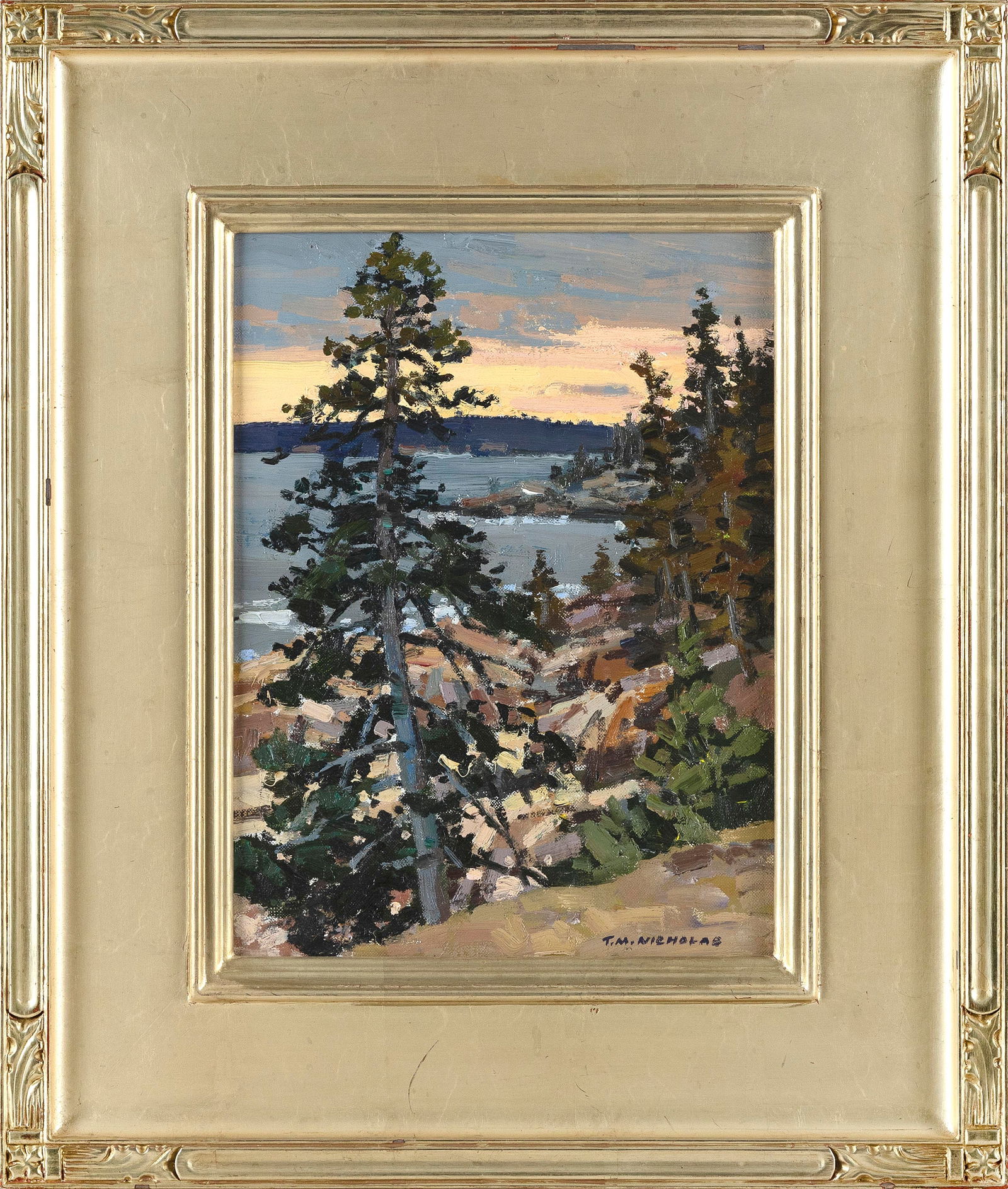 T.M. NICHOLAS (Maine/Massachusetts, 1963-), "Acadia"., Oil on canvas, 12" x 9". Framed 18.75" x (1 of 2)