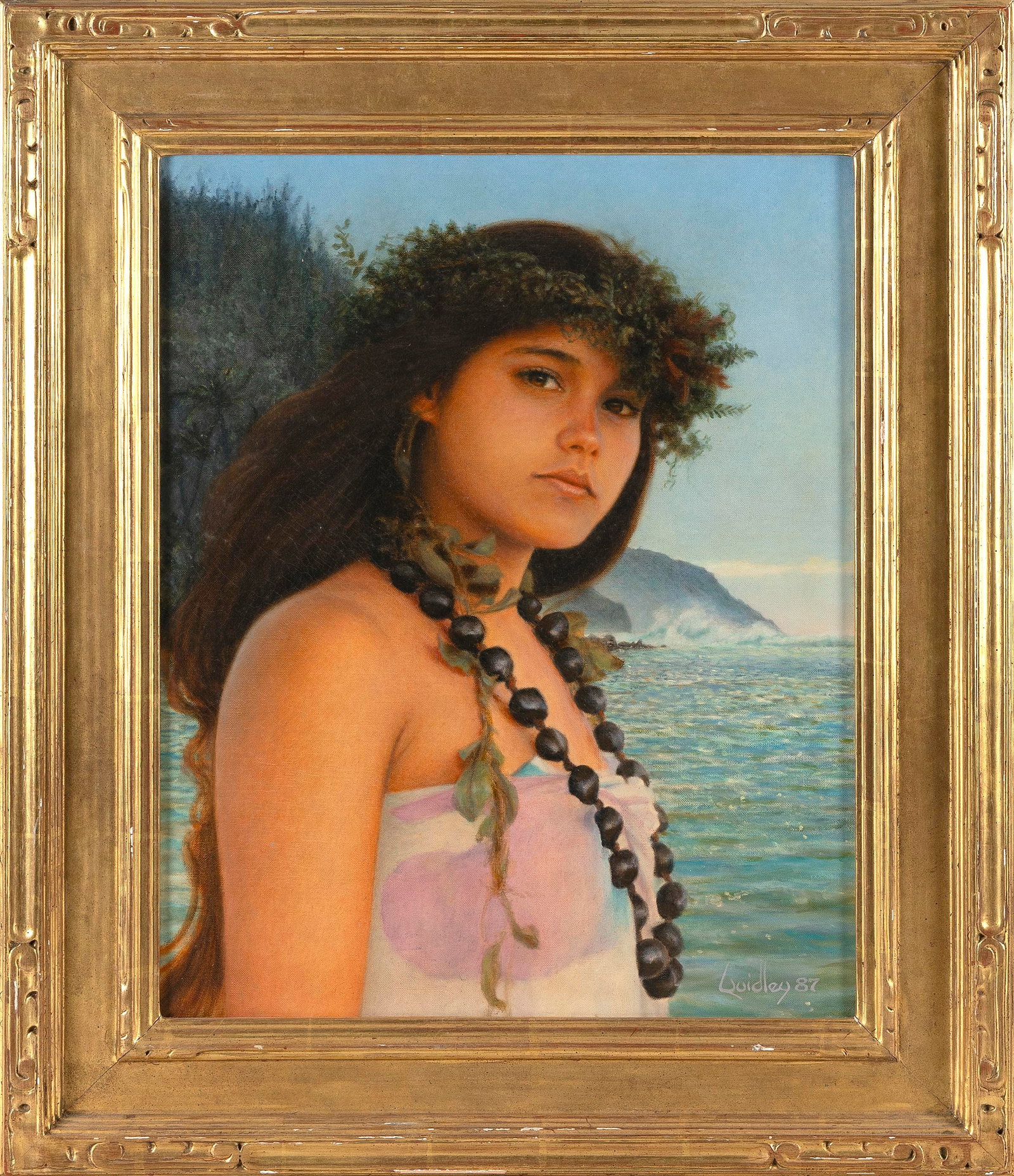 PETER TAYLOR QUIDLEY (Massachusetts, 1945-2023), A young Hawaiian woman., Oil on canvas, 20" x 16".: PETER TAYLOR QUIDLEY Massachusetts, 1945-2023 A young Hawaiian woman. Signed and dated lower right "Quidley 87". Oil on canvas, 20" x 16". Framed 27" x 22".