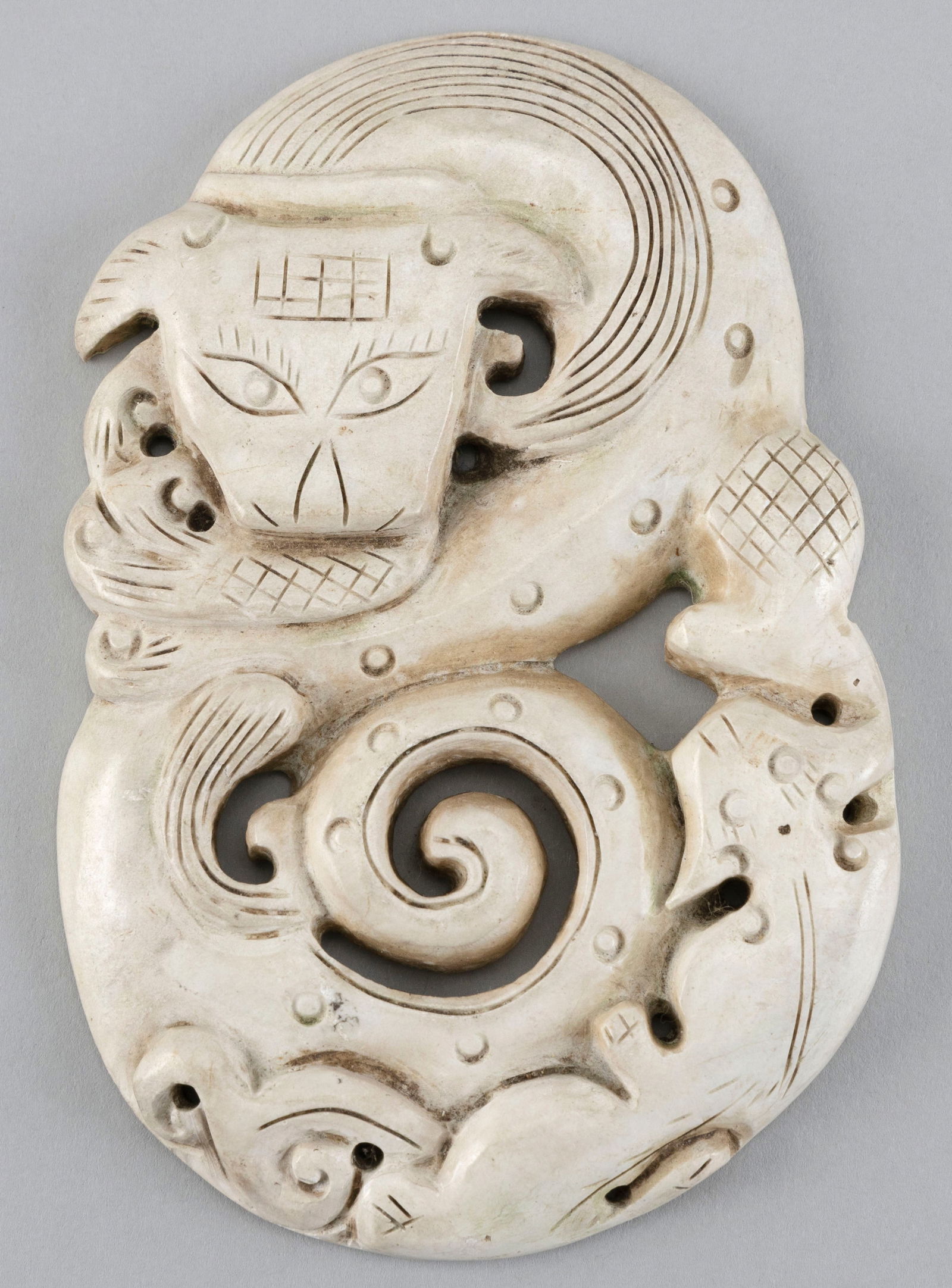 CHINESE CARVED CALCIFIED JADE PLAQUE Height 4.25". Width 3". (1 of 2)