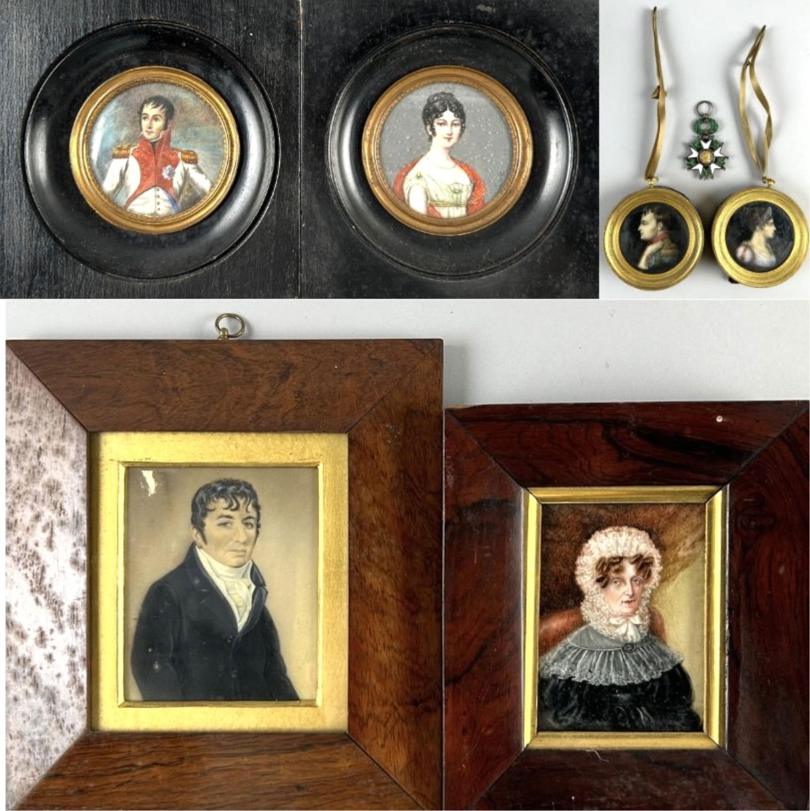 SIX MINIATURE PORTRAITS 19th Century Framed from 3.5" x 3.5" to 8.5" x 8". (1 of 9)