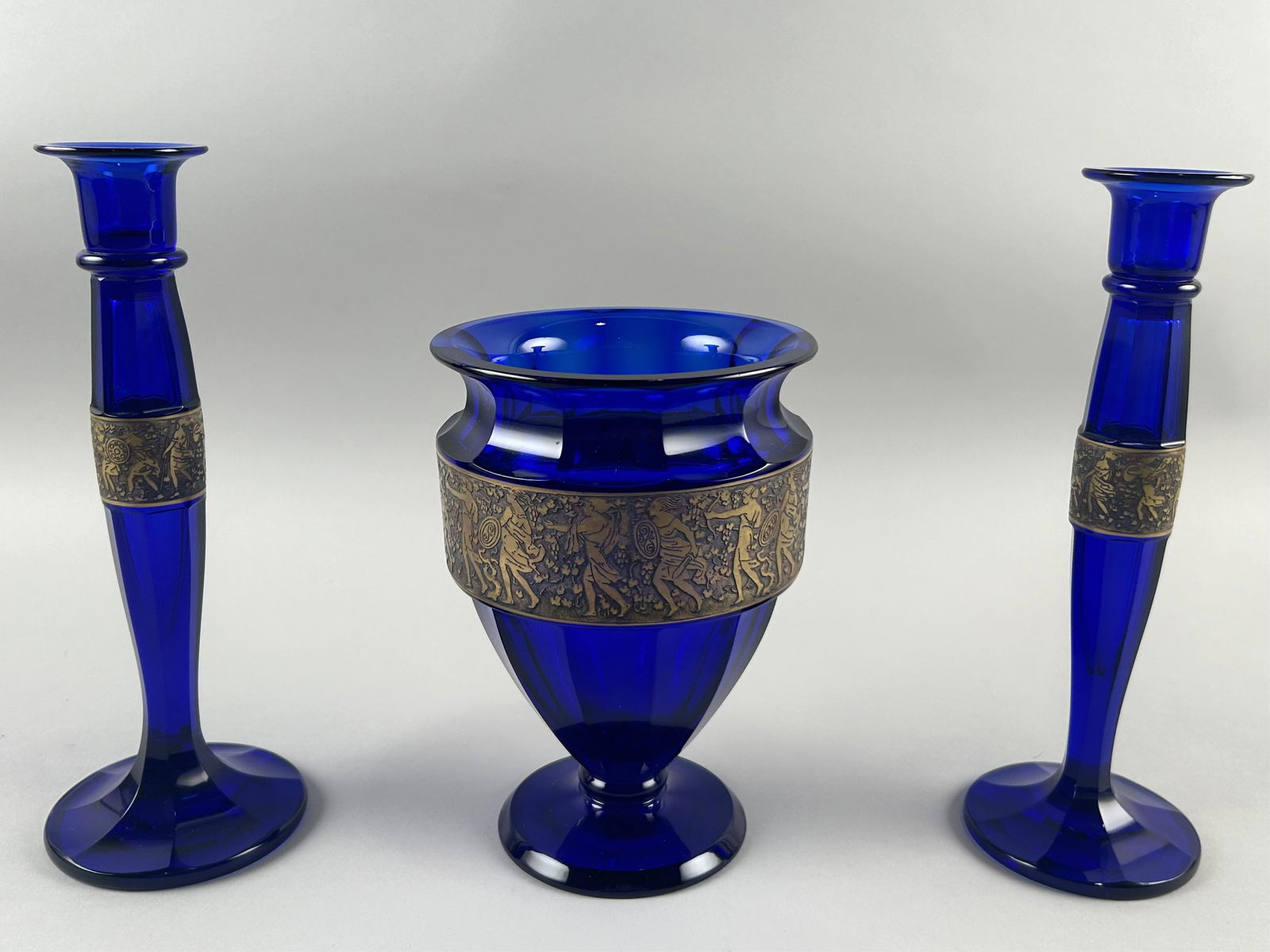 THREE-PIECE SIGNED MOSER COBALT BLUE GLASS CONSOLE SET Czechoslovakia, Early 20th Century (1 of 2)