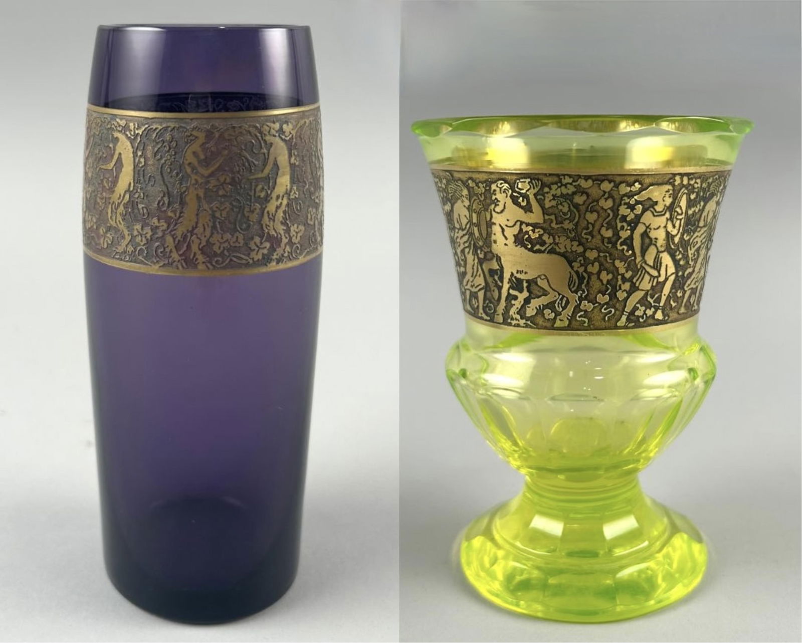 TWO SIGNED MOSER GLASS VASES Czechoslovakia, Early 20th Century Heights 5" and 5.75". (1 of 5)