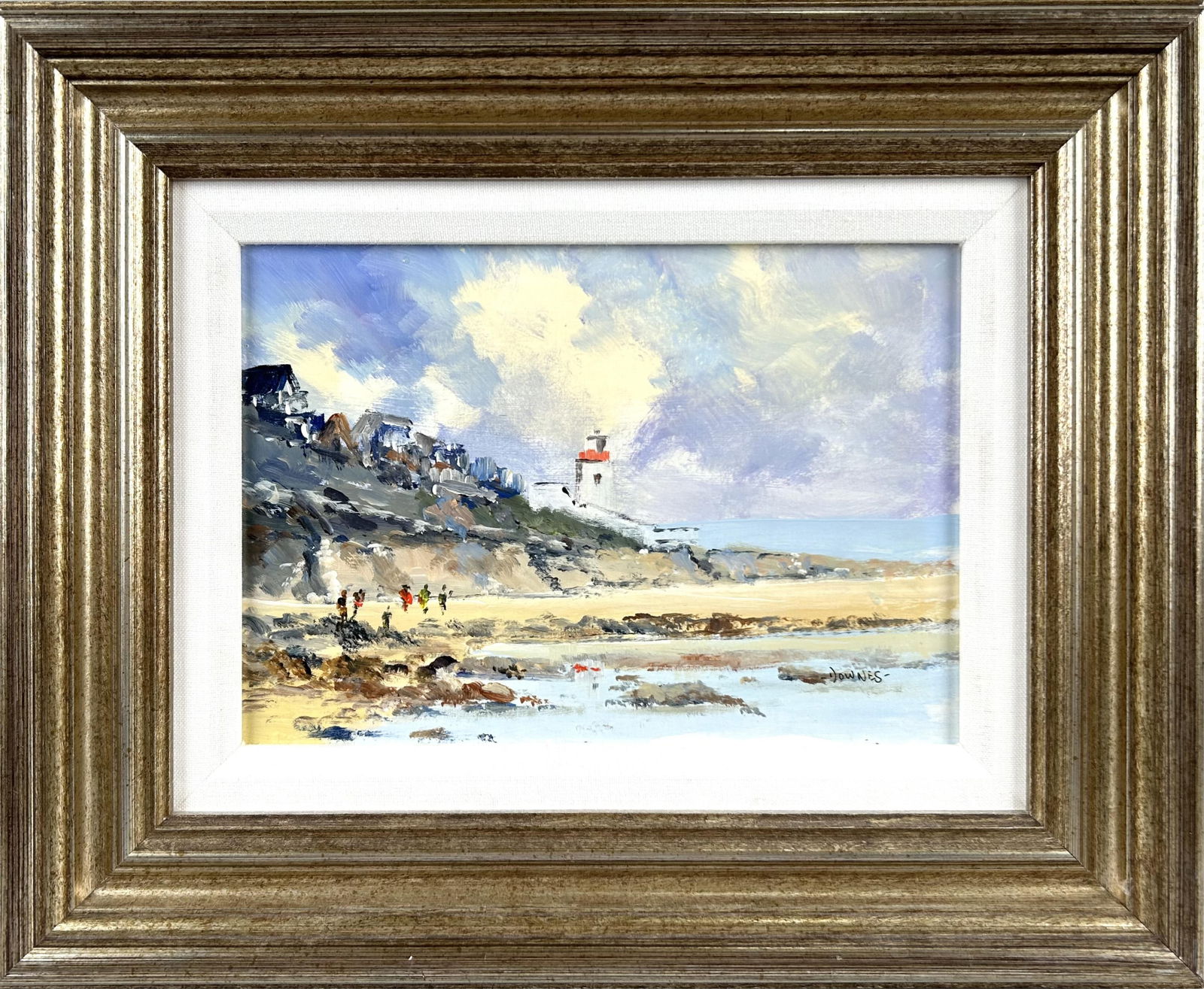MICHAEL F. DOWNES (Ireland, 1937-2014), Lighthouse and houses on a bluff., Acrylic on board, 8" x: MICHAEL F. DOWNESIreland, 1937-2014Lighthouse and houses on a bluff. Signed lower right "Downes".Acrylic on board, 8" x 10". Framed 13.5" x 16".