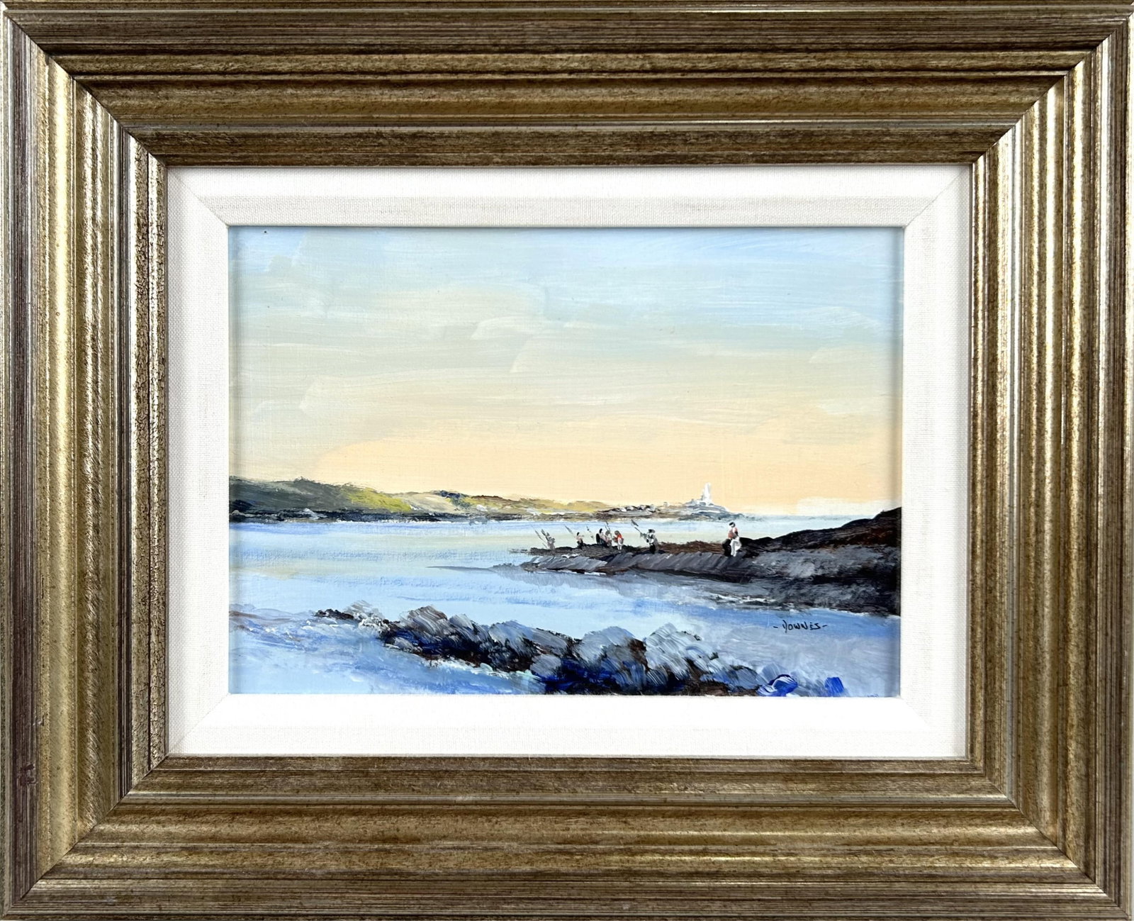 MICHAEL F. DOWNES (Ireland, 1937-2014), Figures fishing off a jetty., Acrylic on board, 8" x 10".: MICHAEL F. DOWNES Ireland, 1937-2014 Figures fishing off a jetty. Signed lower right "Downes". Acrylic on board, 8" x 10". Framed 13" x 16".