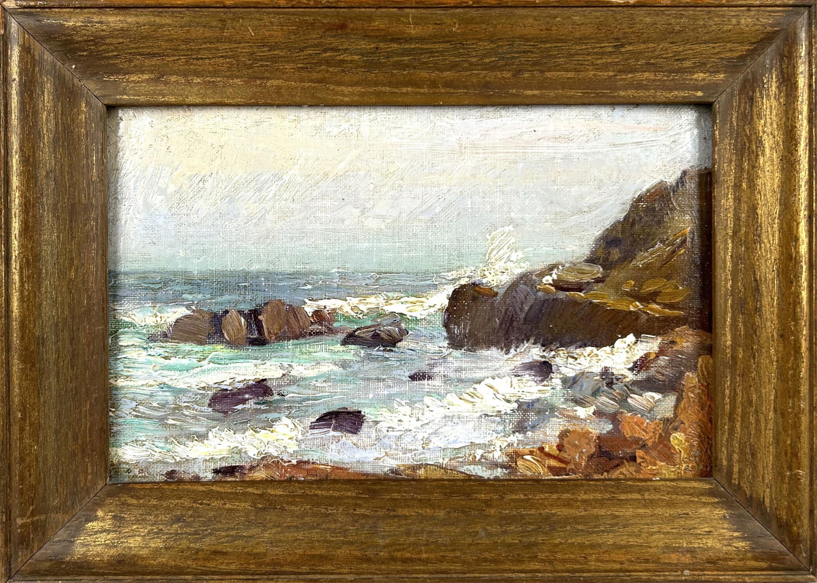 AMERICAN SCHOOL (19th Century,), A rocky coast., Oil on board, 6.25" x 9.75". Framed 9" x 12.5". (1 of 2)