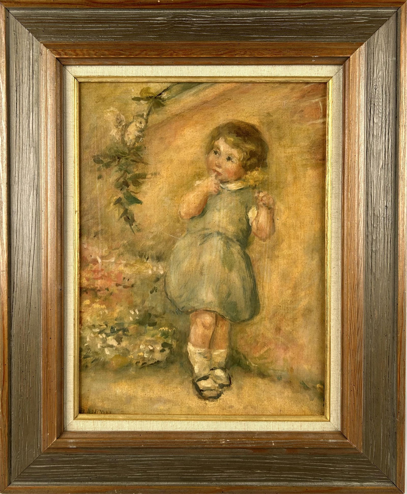 HENRI MELANCON (New York, 1876-1960), Girl observing a squirrel., Oil on board, 17.25" x 13.5". (1 of 3)