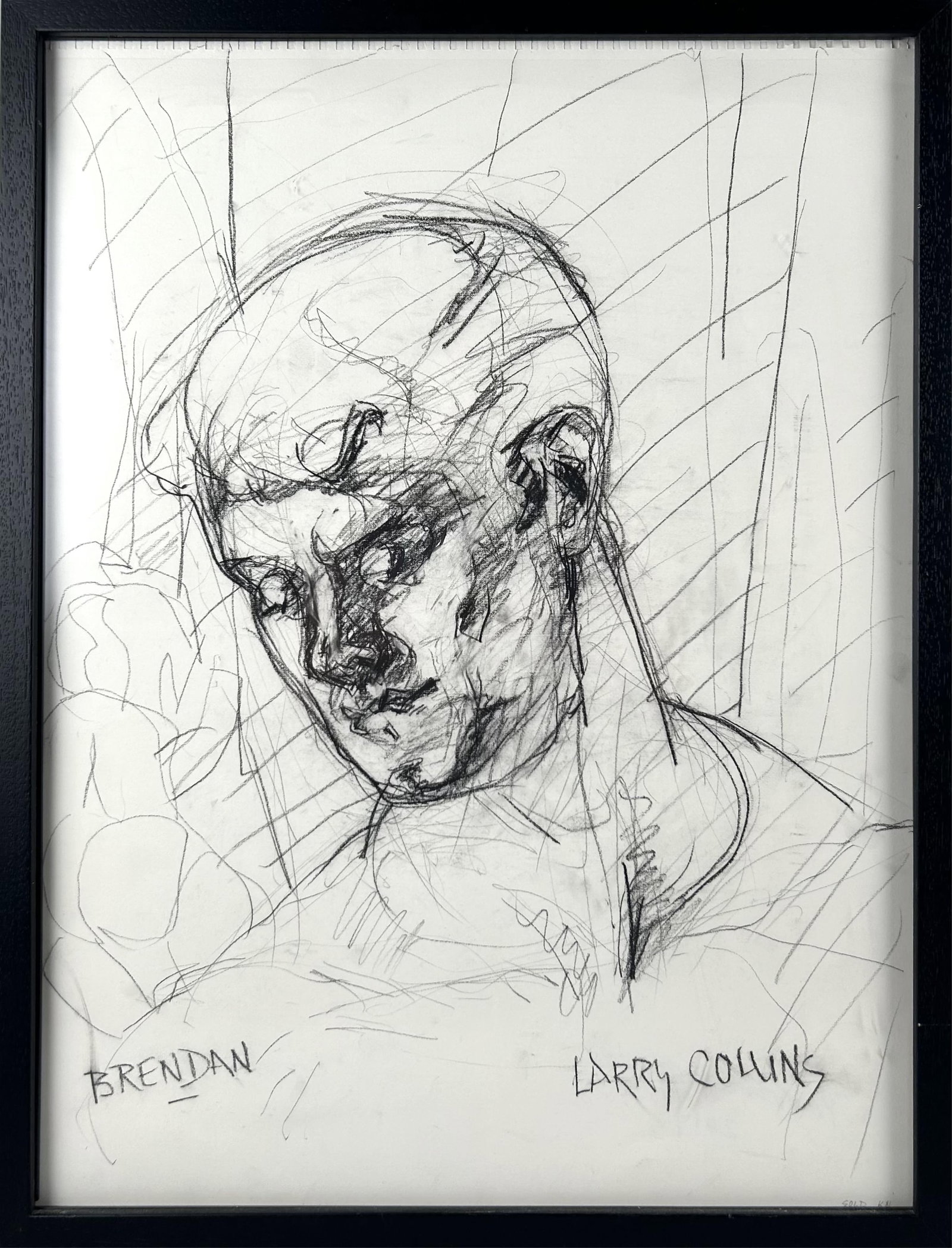 LARRY RICHARD COLLINS (America, 1945-), "Brendan"., Charcoal on paper, 24" x 18" sight. Framed 25.5": LARRY RICHARD COLLINS America, 1945- "Brendan". Signed lower right. Titled lower left. Charcoal on paper, 24" x 18" sight. Framed 25.5" x 19".