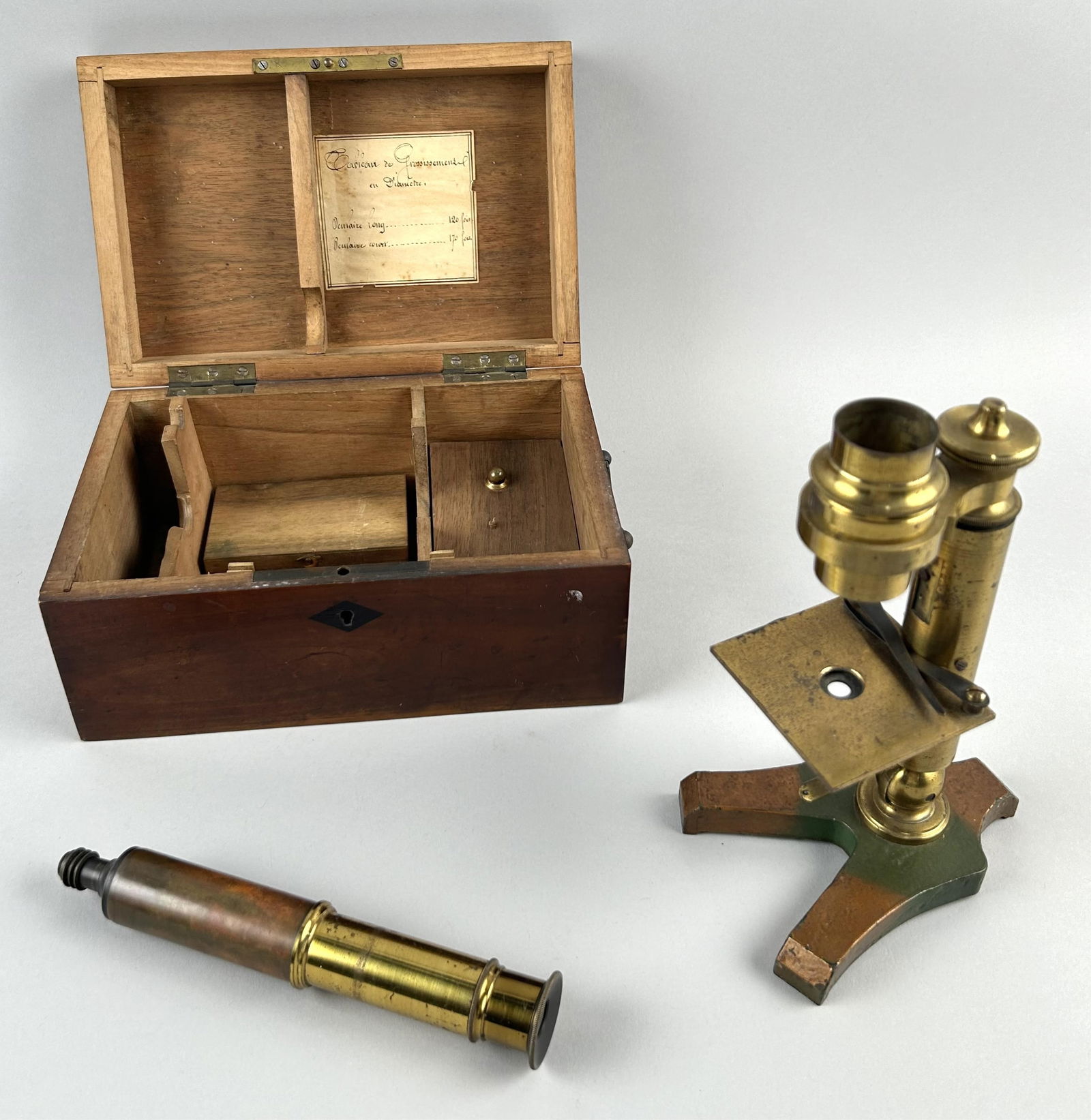 CASED BRASS MICROSCOPE Late 19th Century Case height 8". (1 of 4)