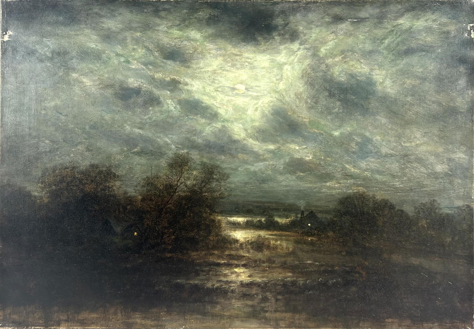 AMERICAN SCHOOL (Late 19th Century,), Nocturnal landscape., Oil on canvas, 22" x 31". Unframed. (1 of 2)