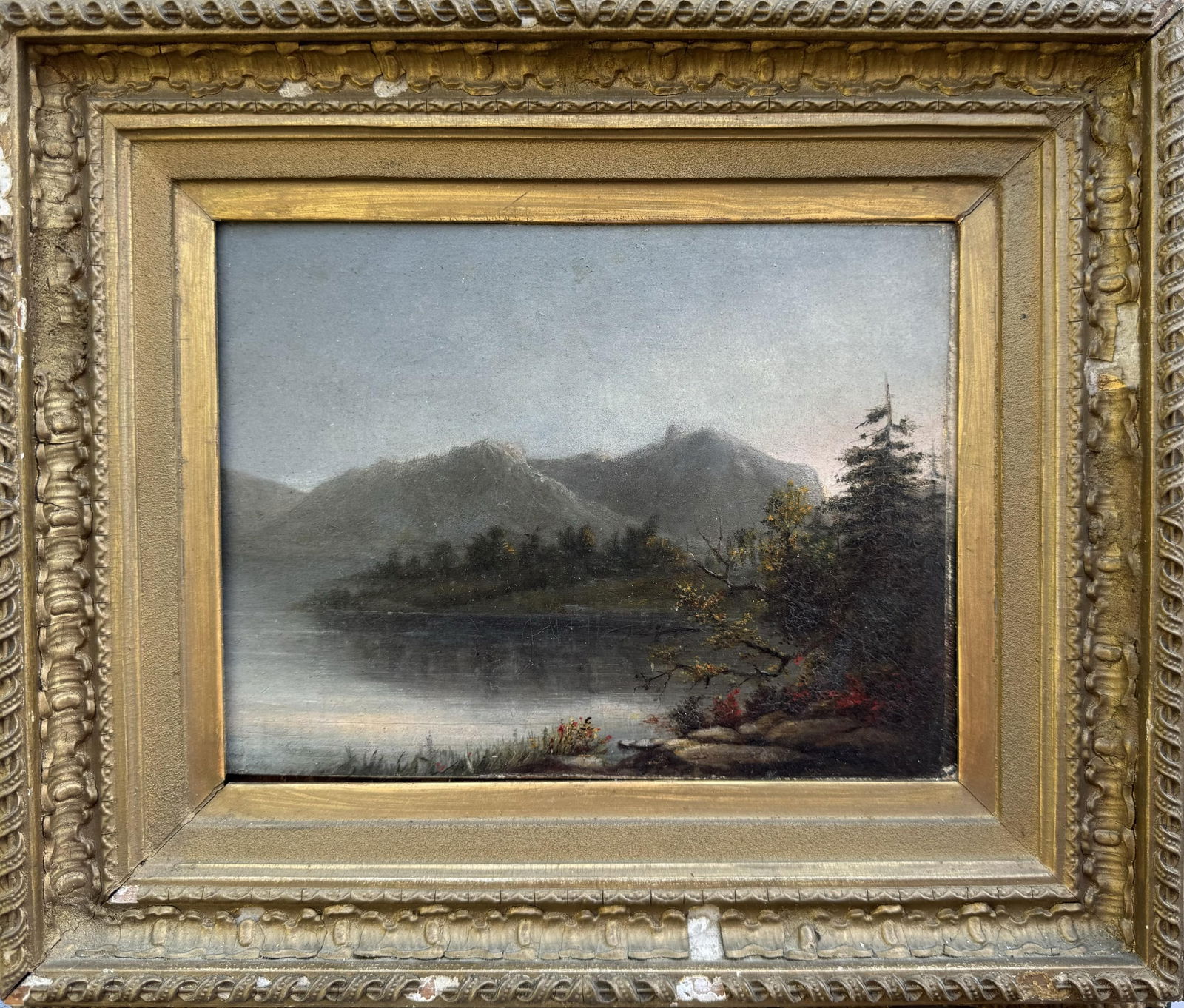 AMERICAN OR CONTINENTAL SCHOOL (Mid-19th Century,), Pond landscape., Oil on board. (1 of 5)