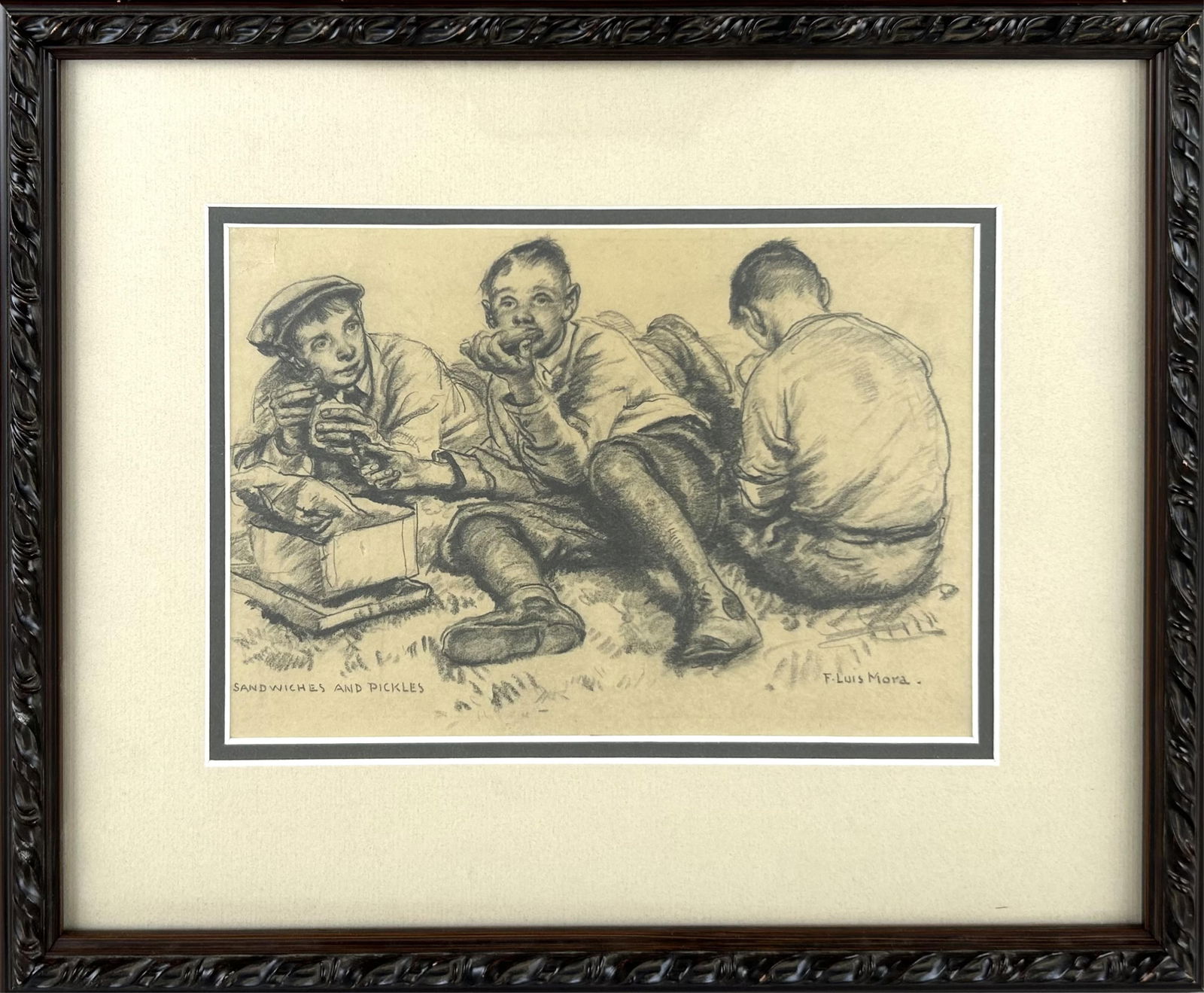 FRANCIS LUIS MORA (New York/Connecticut, 1874-1940), "Sandwiches and Pickles"., Charcoal on paper, (1 of 3)