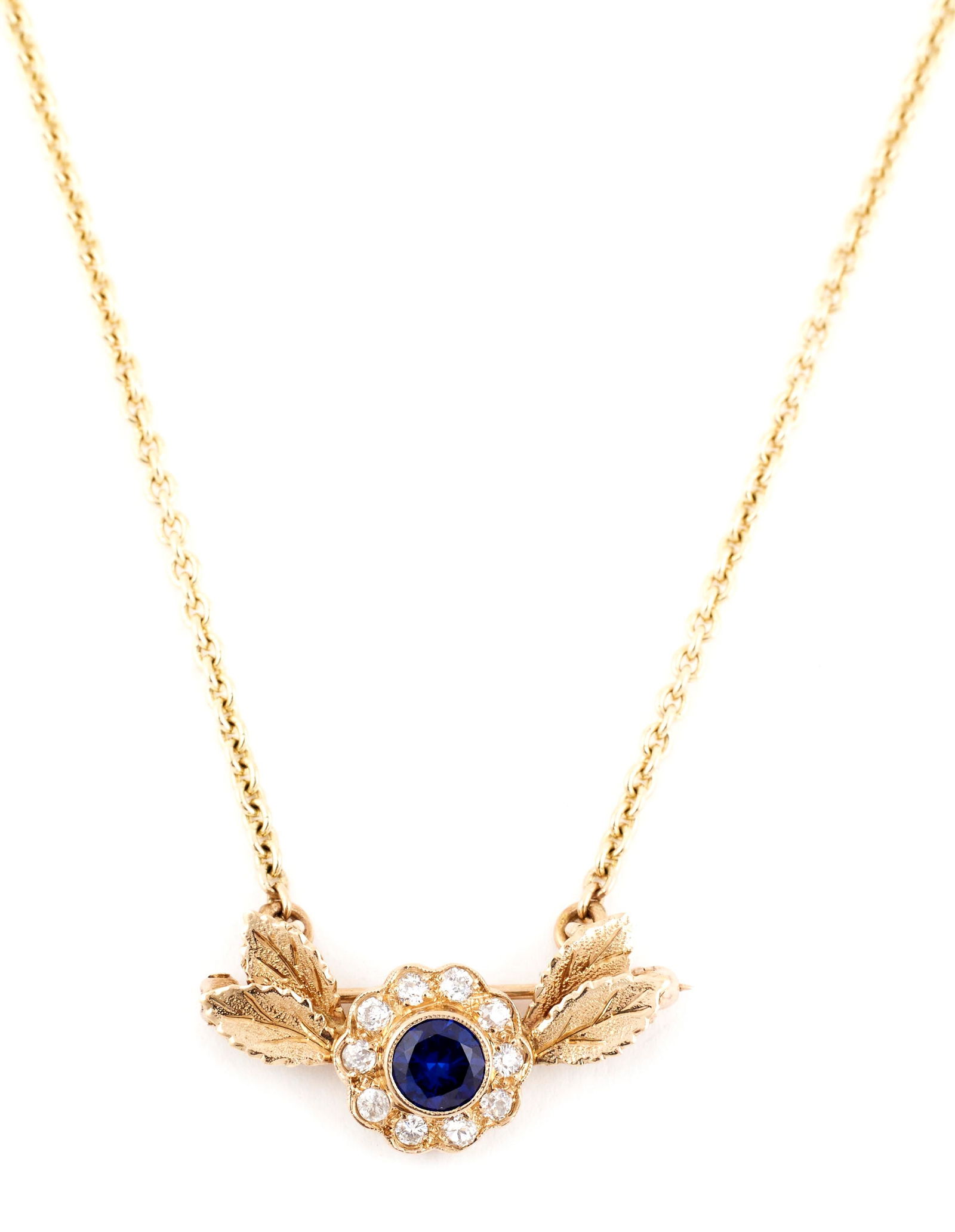 14KT YELLOW GOLD, SAPPHIRE AND DIAMOND PENDANT/PIN ON CHAIN Approx. 3.85 total dwt. (1 of 1)