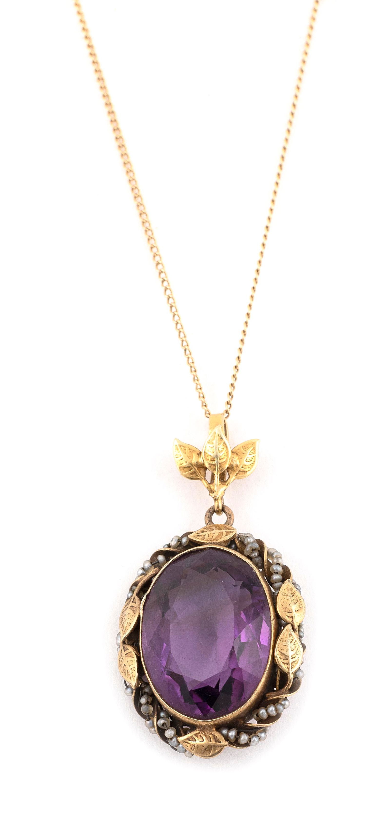 14KT YELLOW GOLD, AMETHYST AND SEED PEARL NECKLACE ON CHAIN Approx. 5.78 total dwt. (1 of 1)