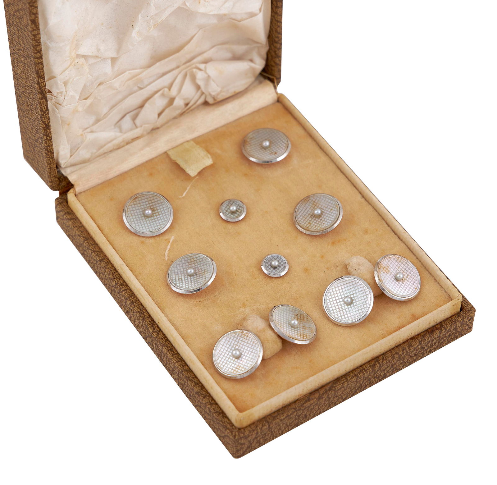 NINE-PIECE 14KT YELLOW GOLD, MOTHER-OF-PEARL AND PEARL TUXEDO SET Approx. 9.19 total dwt. (1 of 1)