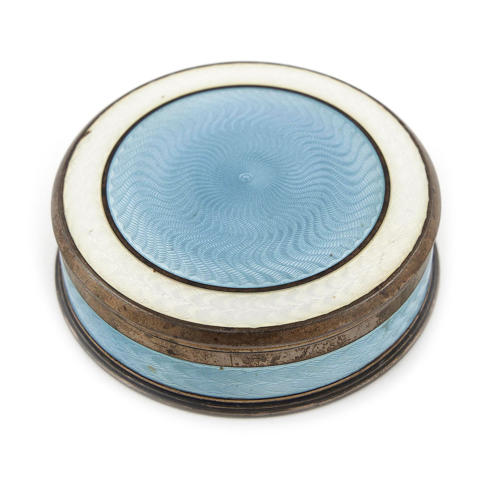 GUILLOCHE ENAMEL AND .900 SILVER PILL BOX Austria, Late 19th/Early 20th Century Height 1". Diameter: GUILLOCHE ENAMEL AND .900 SILVER PILL BOXAustria, Late 19th/Early 20th CenturyMarked twice on the gold-washed interior, with maker's mark for George Adam Scheid. Round with hinged lid.Height 1". Diame