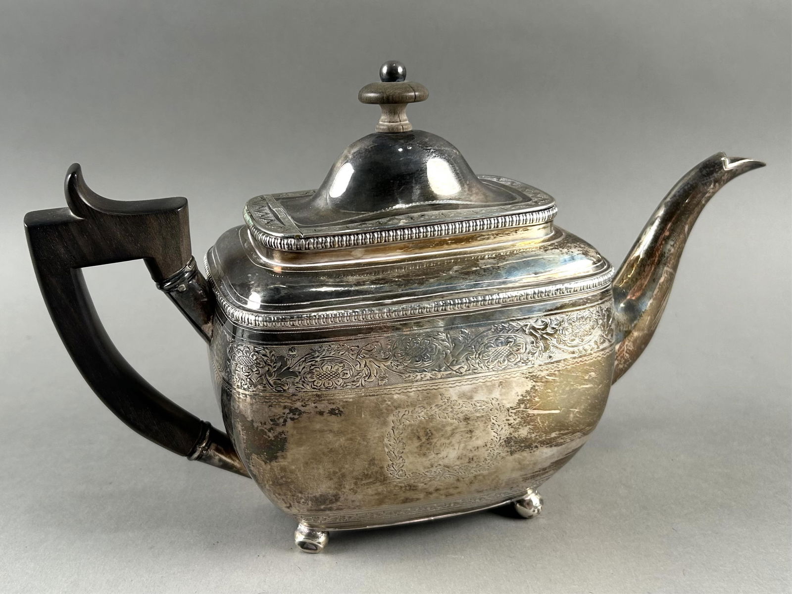 VICTORIAN STERLING SILVER TEAPOT Sheffield, 1844 Approx. 15.6 troy oz inclusive. (1 of 3)